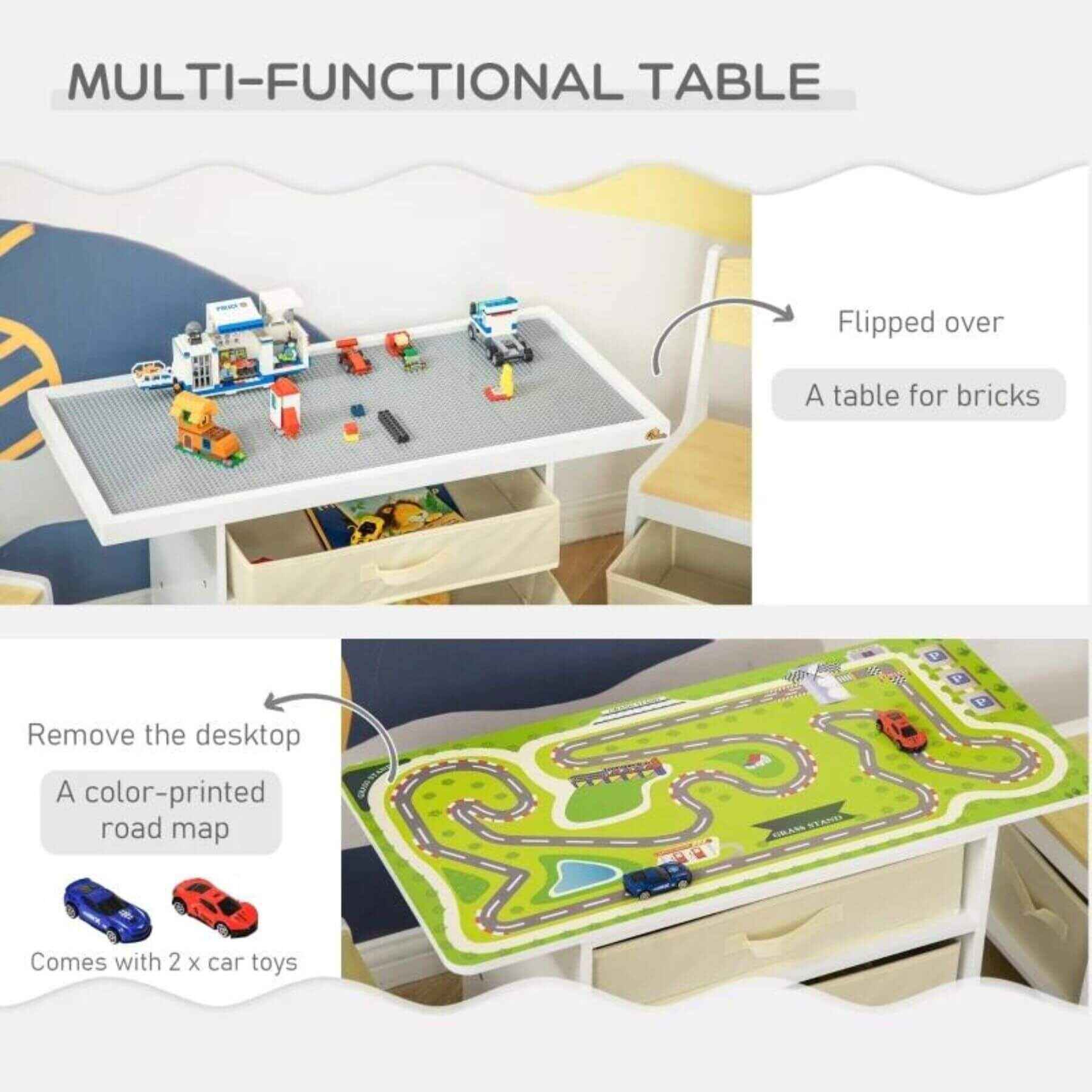 Detail of Qaba 3-in-1 Kids Activity Table and Chairs Set with 3 Surfaces Natural Wood