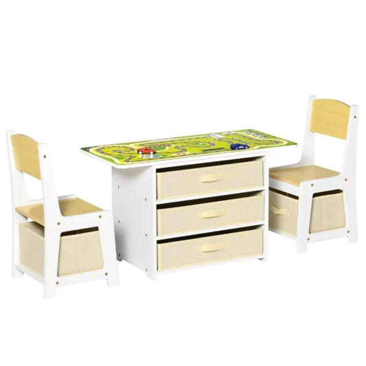 Qaba 3-in-1 Kids Activity Table and Chairs Set with 3 Surfaces Natural Wood