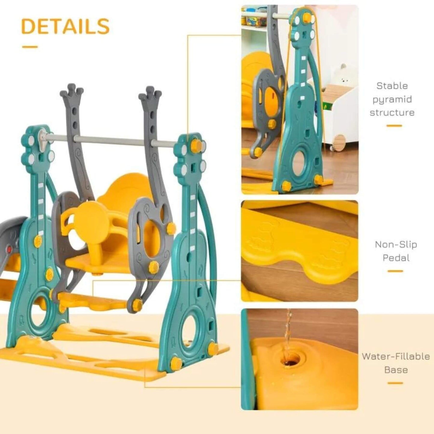 Detail of Qaba Indoor/Outdoor 3 in 1 Toddler Swing and Slide Set, Teal & Dolphin Gray