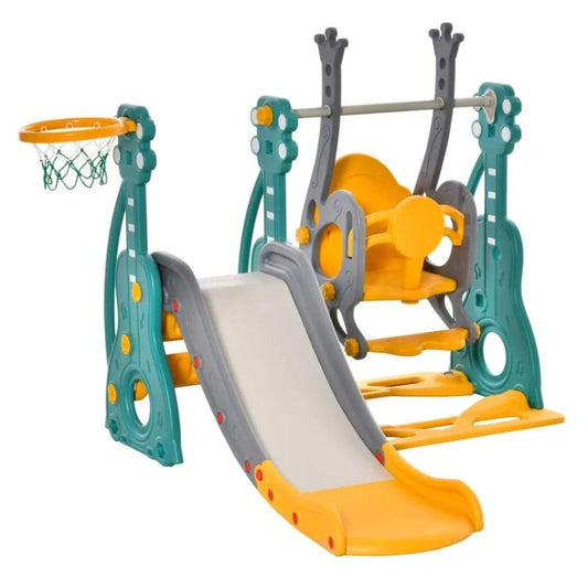 Qaba Indoor/Outdoor 3 in 1 Toddler Swing and Slide Set, Teal & Dolphin Gray