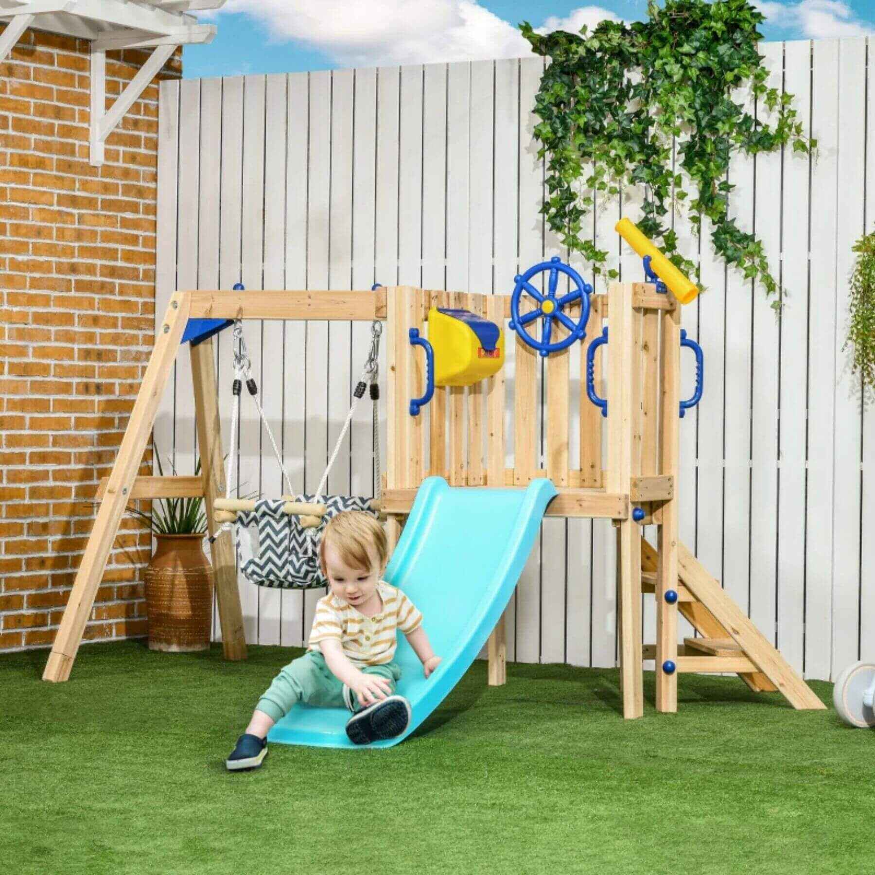 Kid Playing on Outsunny 3 in 1 Wooden Outdoor Playset