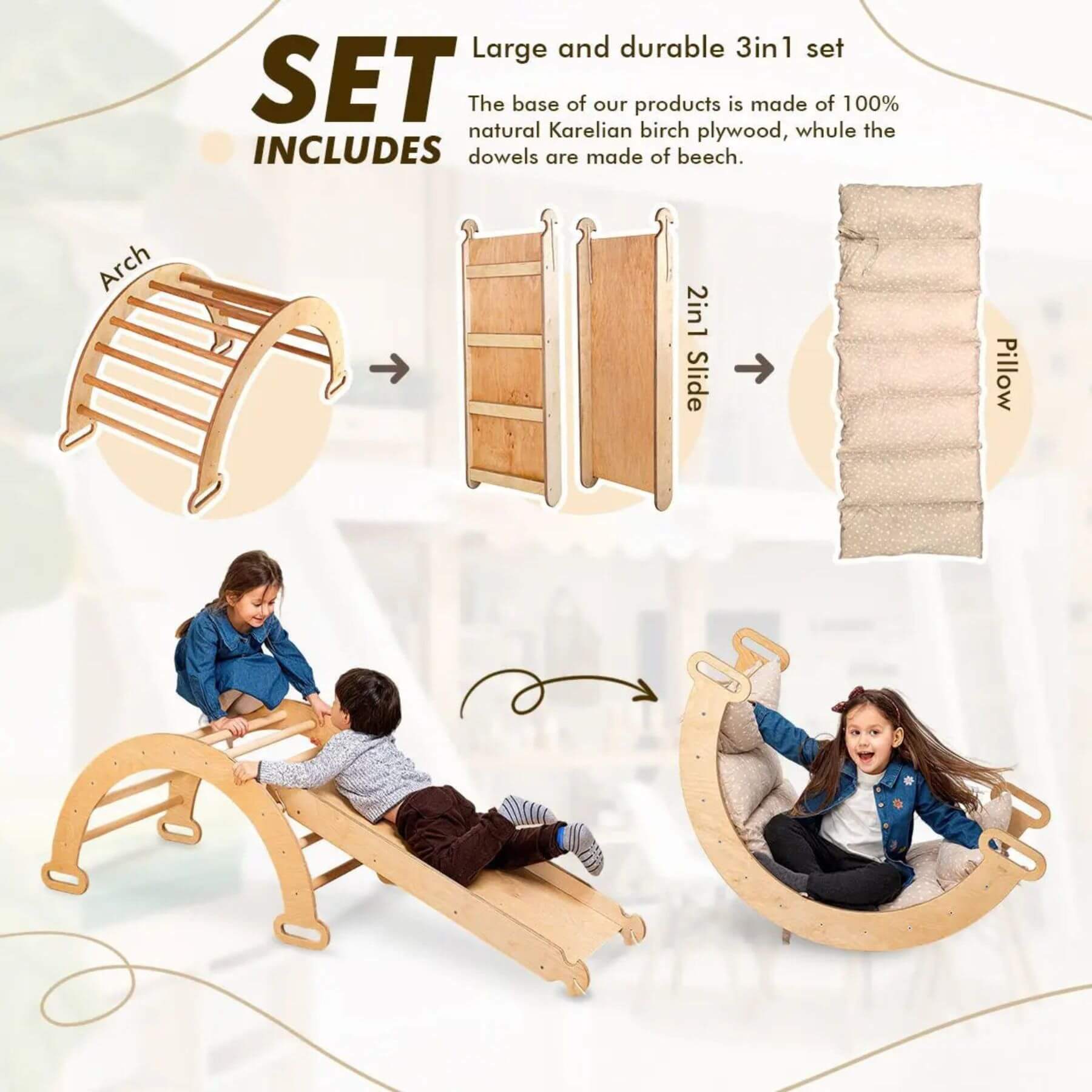Children playing with Goodevas wooden arch, slide, and pillow set on a light background.