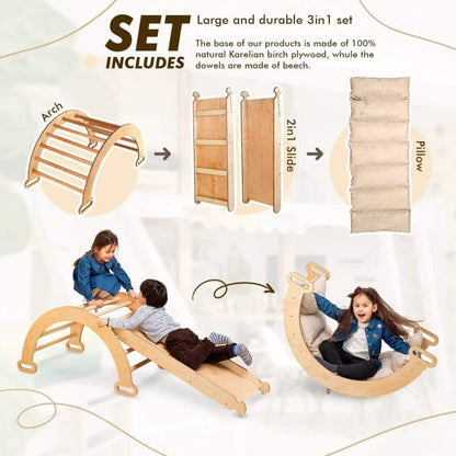 Children playing with Goodevas wooden arch, slide, and pillow set on a light background.