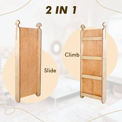 Wooden climbing and sliding board with '2 IN 1' text on a light background