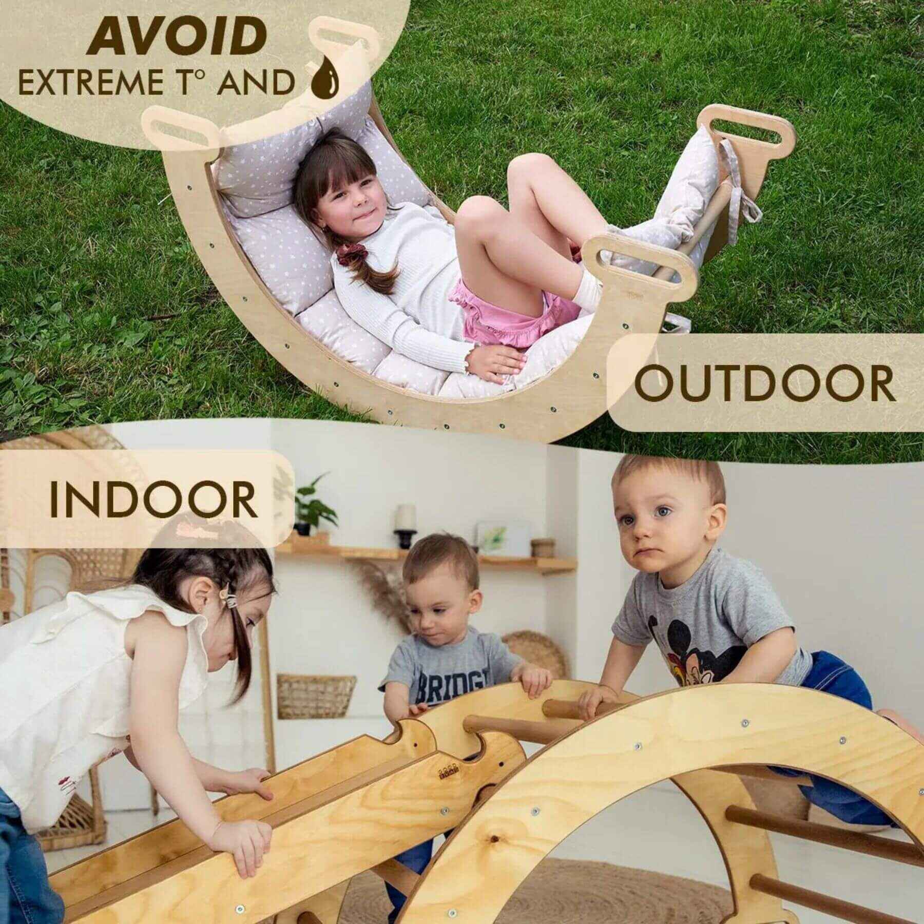 Children playing with a wooden climbing toy outdoors and indoors.