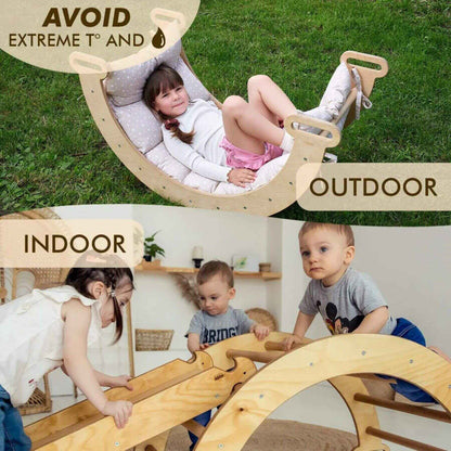Children playing with a wooden climbing toy outdoors and indoors.