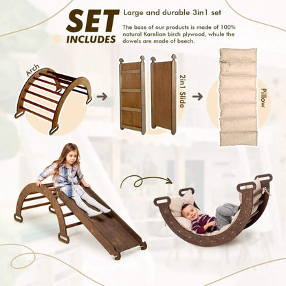 Wooden playground set with arch, slide, and hammock for children on a white background.