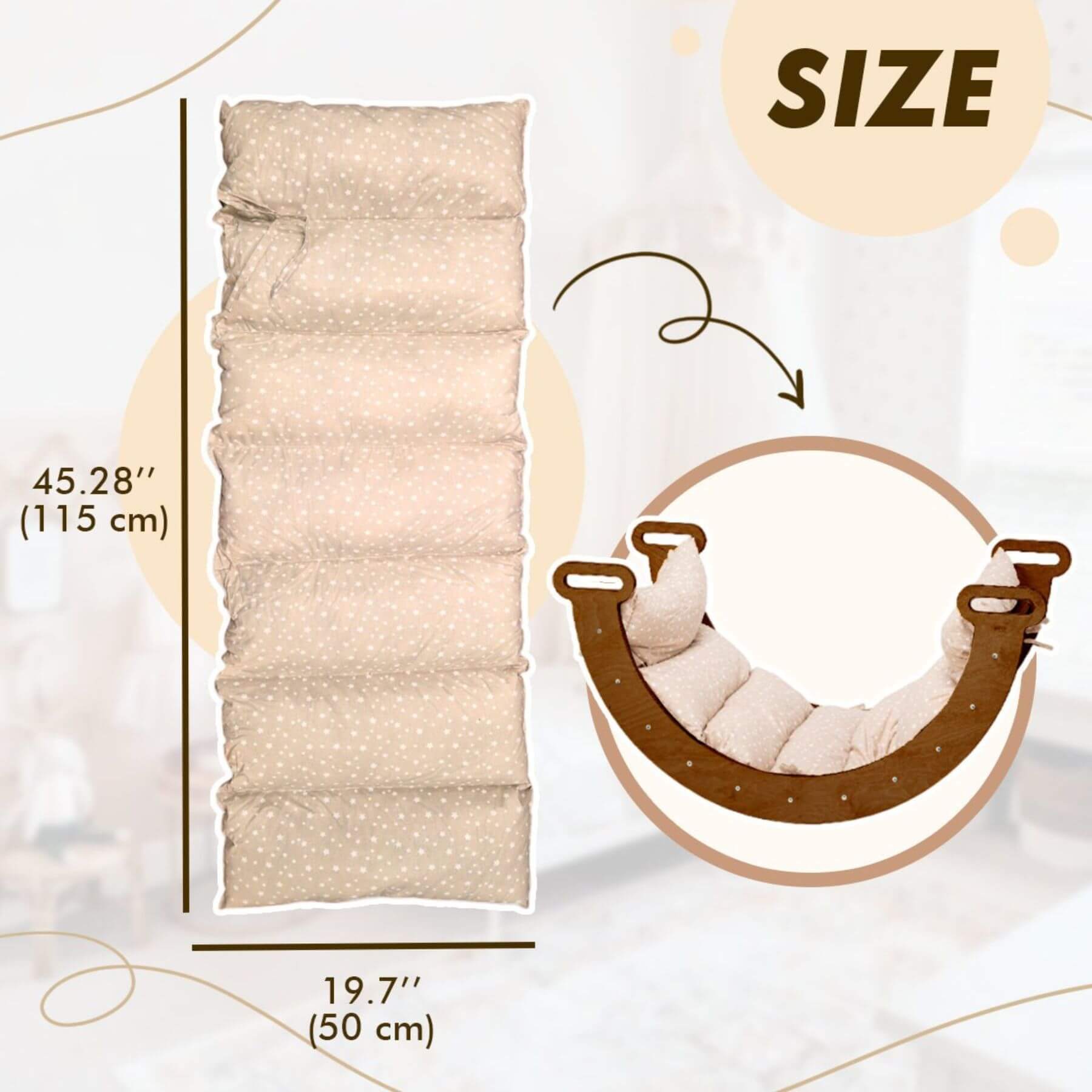Beige cushion with measurements and a climbing arch illustration on a light background