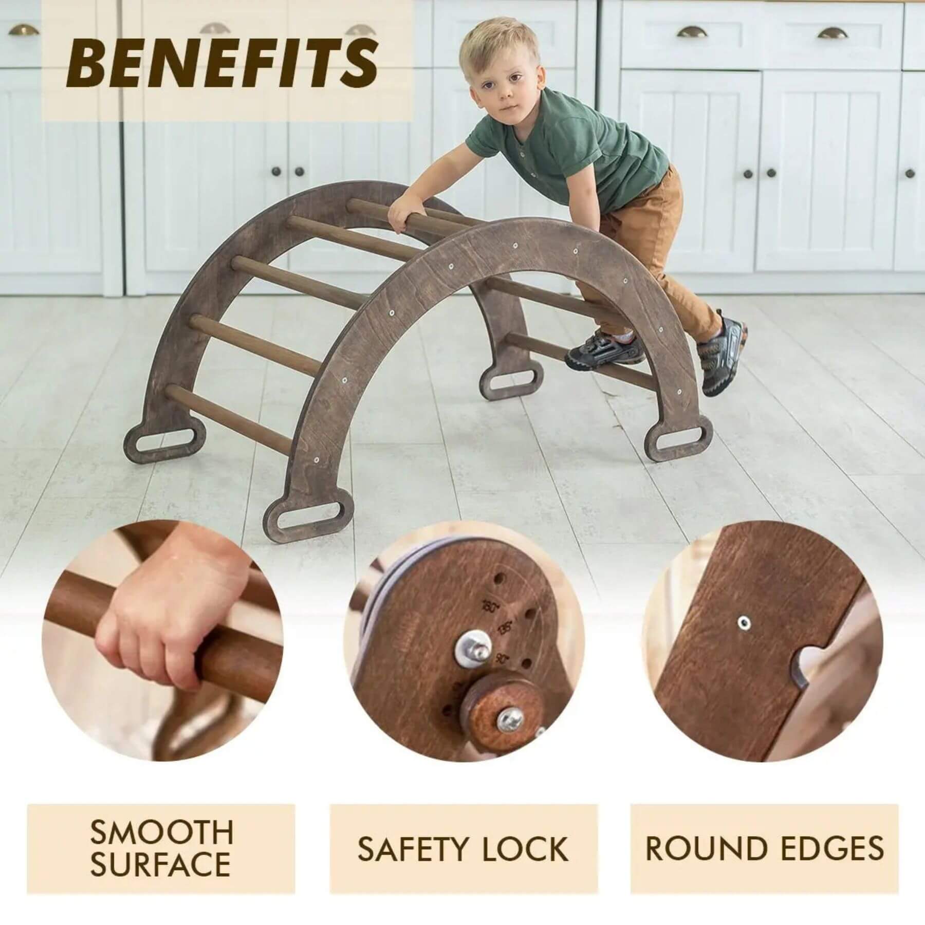 Child playing on a wooden climbing toy with close-ups of features and text about benefits.