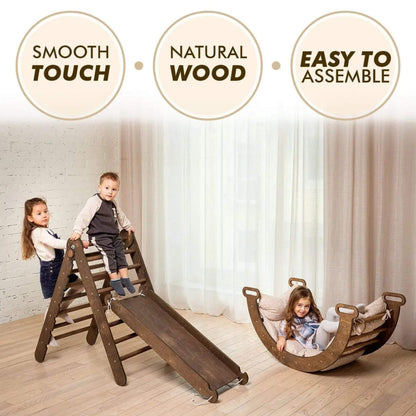 Children playing with Goodevas Montessori Climbing Set Chocolate in a room with white curtains and brick wall.