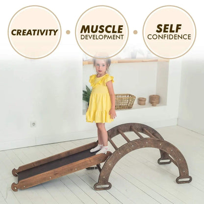 Child on Goodevas Montessori Climbing Set Chocolate with text labels for creativity, muscle development, and self-confidence.