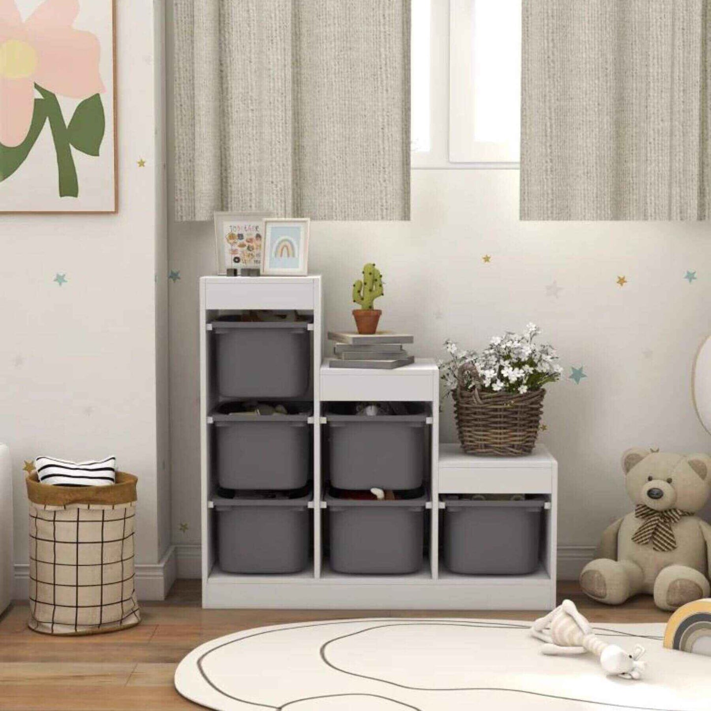 Qaba 3-Layer Kids Toy Storage Organizer with 6 Storage Bins Gray