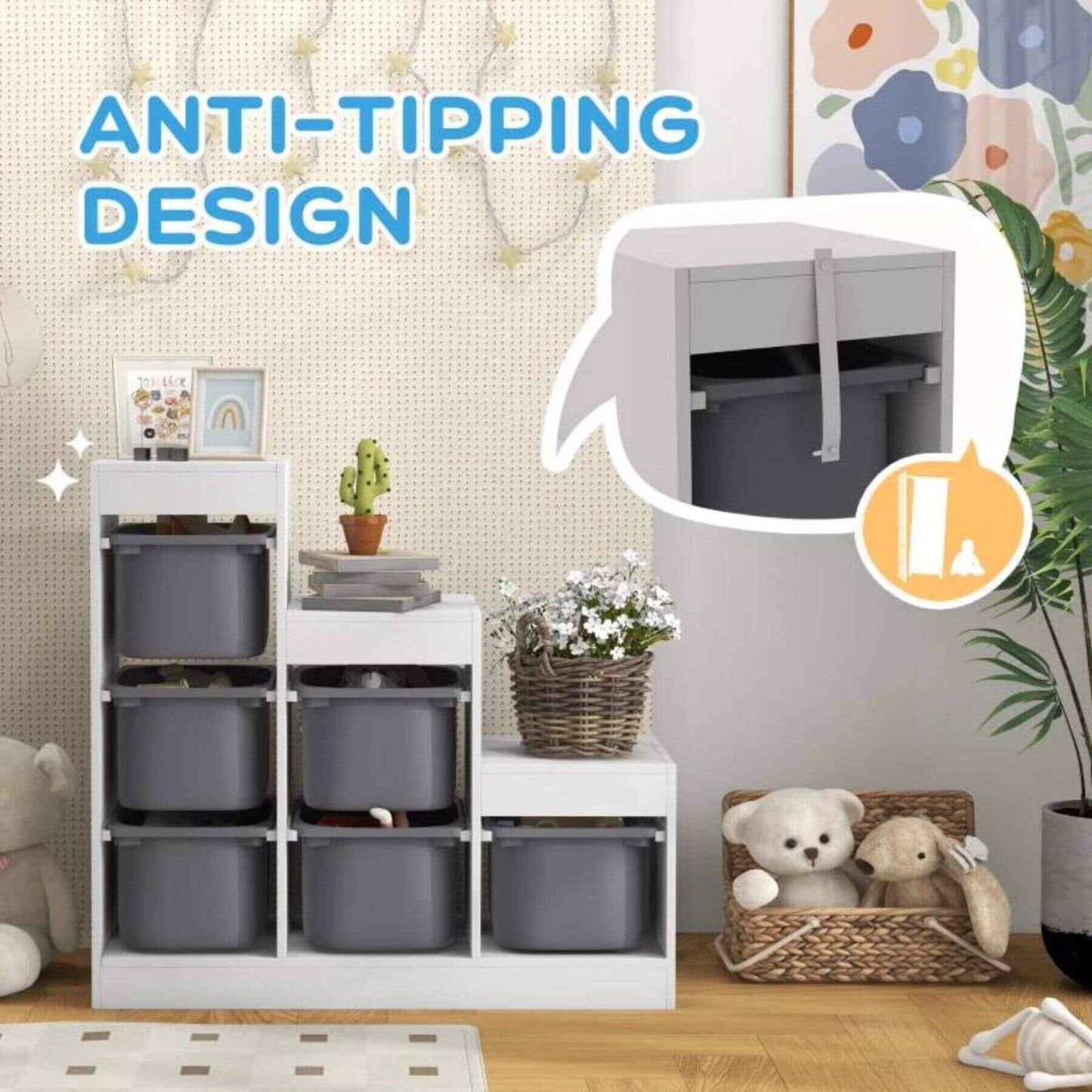 Qaba 3-Layer Kids Toy Storage Organizer with 6 Storage Bins Gray