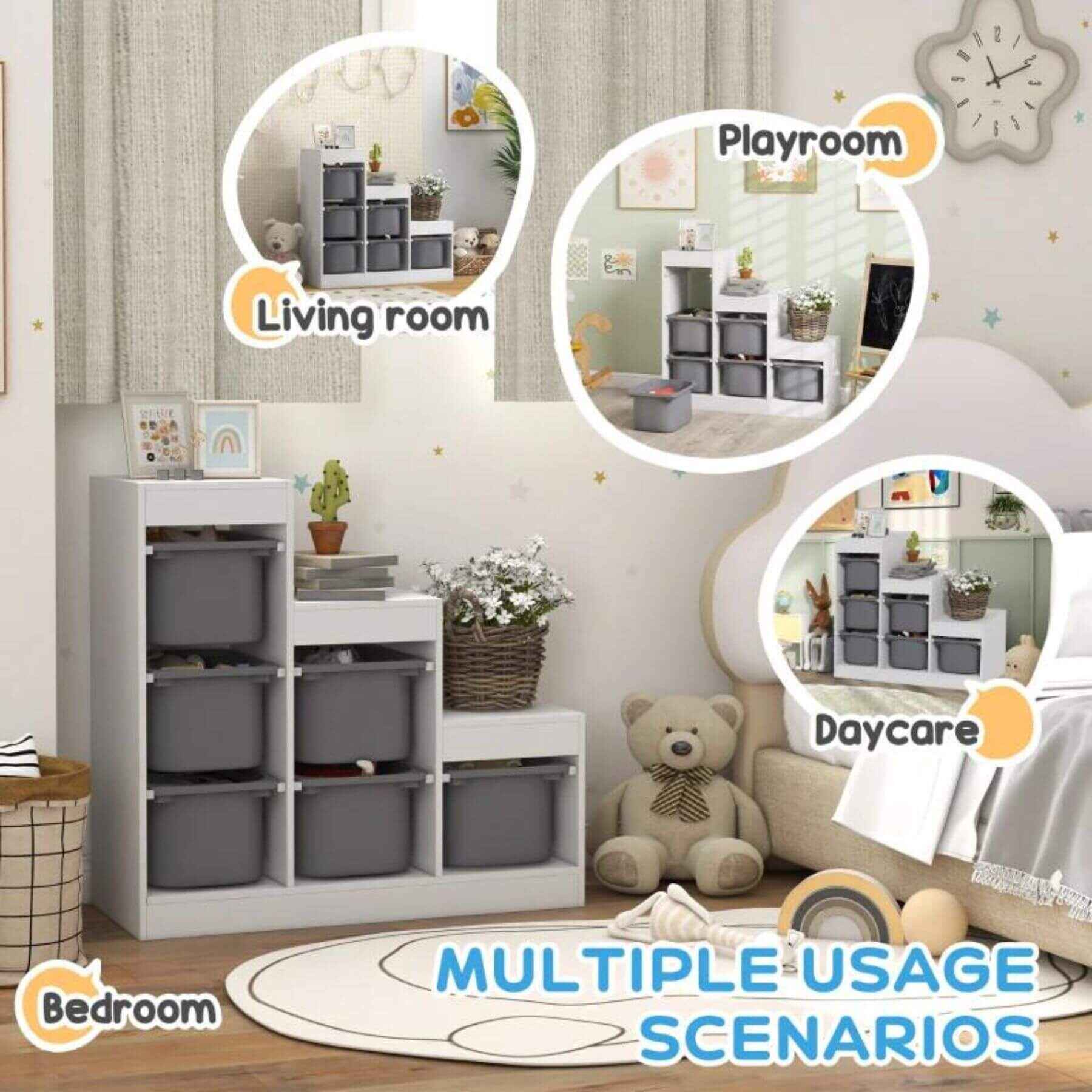 Qaba 3-Layer Kids Toy Storage Organizer with 6 Storage Bins Gray