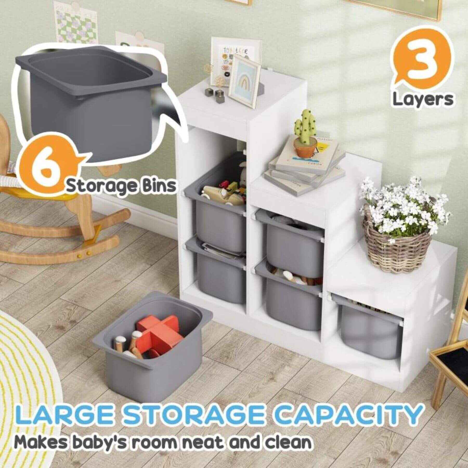 Qaba 3-Layer Kids Toy Storage Organizer with 6 Storage Bins Gray