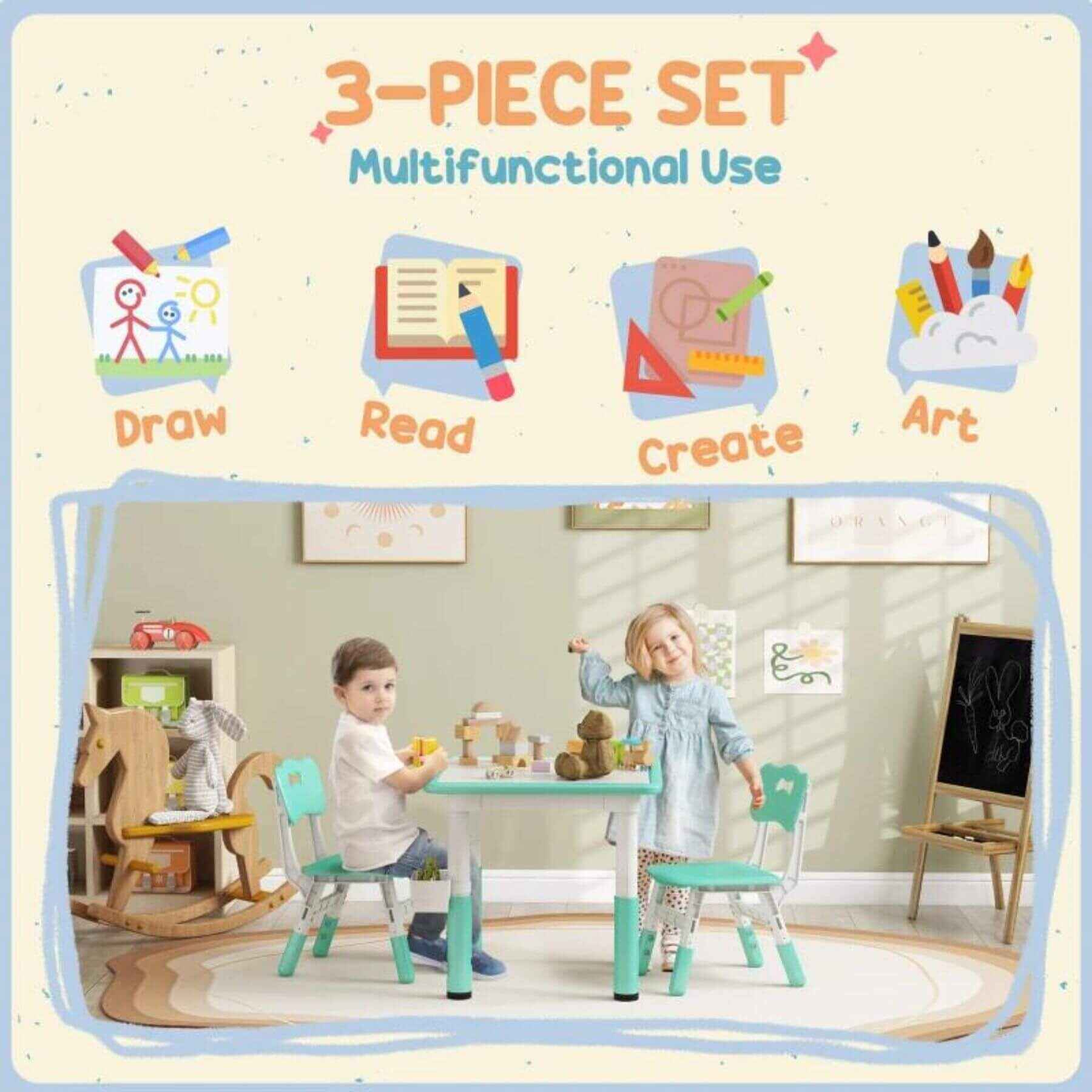 Qaba 3pc Height Adjustable Toddler Table and Chair Set w/ Storage Green