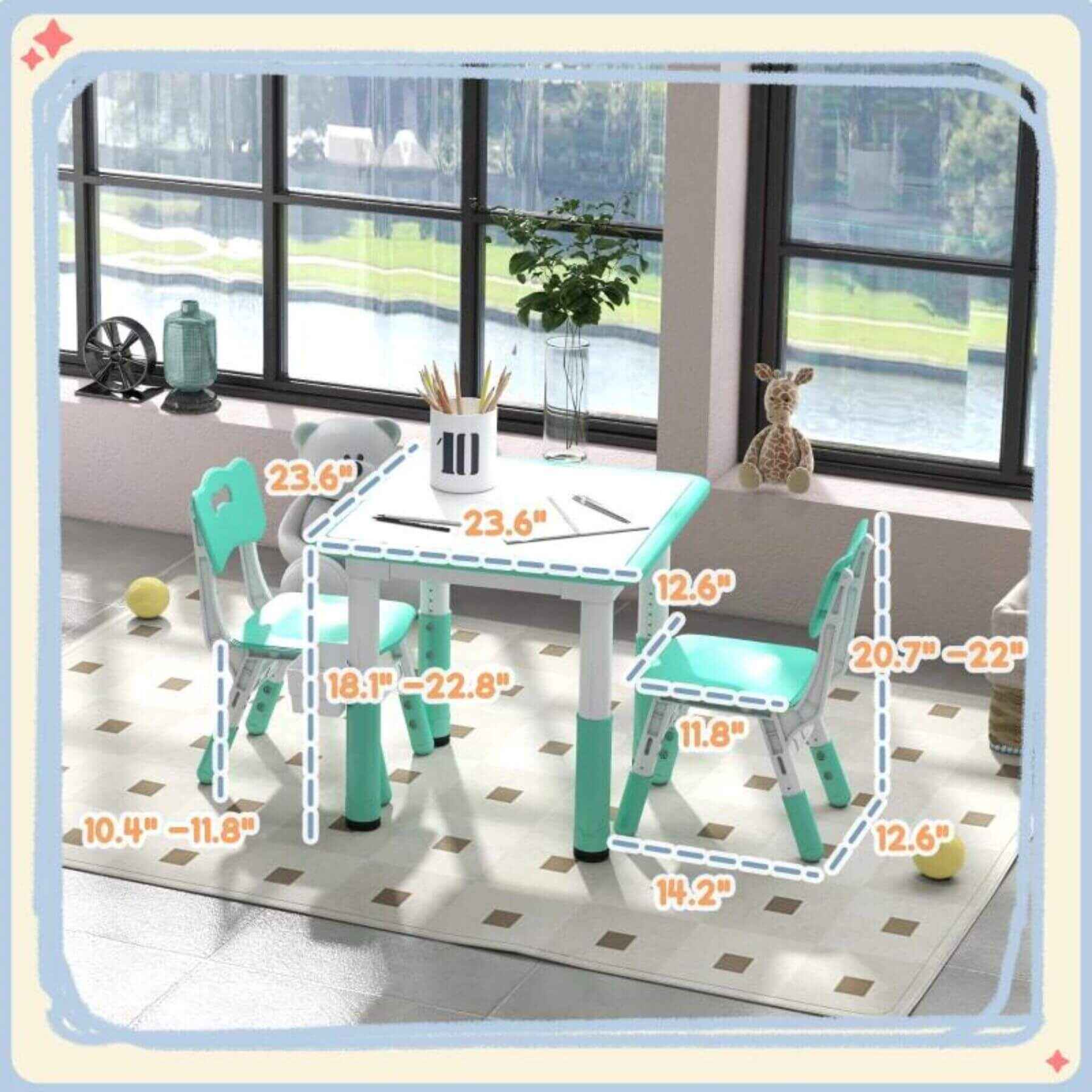 Qaba 3pc Height Adjustable Toddler Table and Chair Set w/ Storage Green