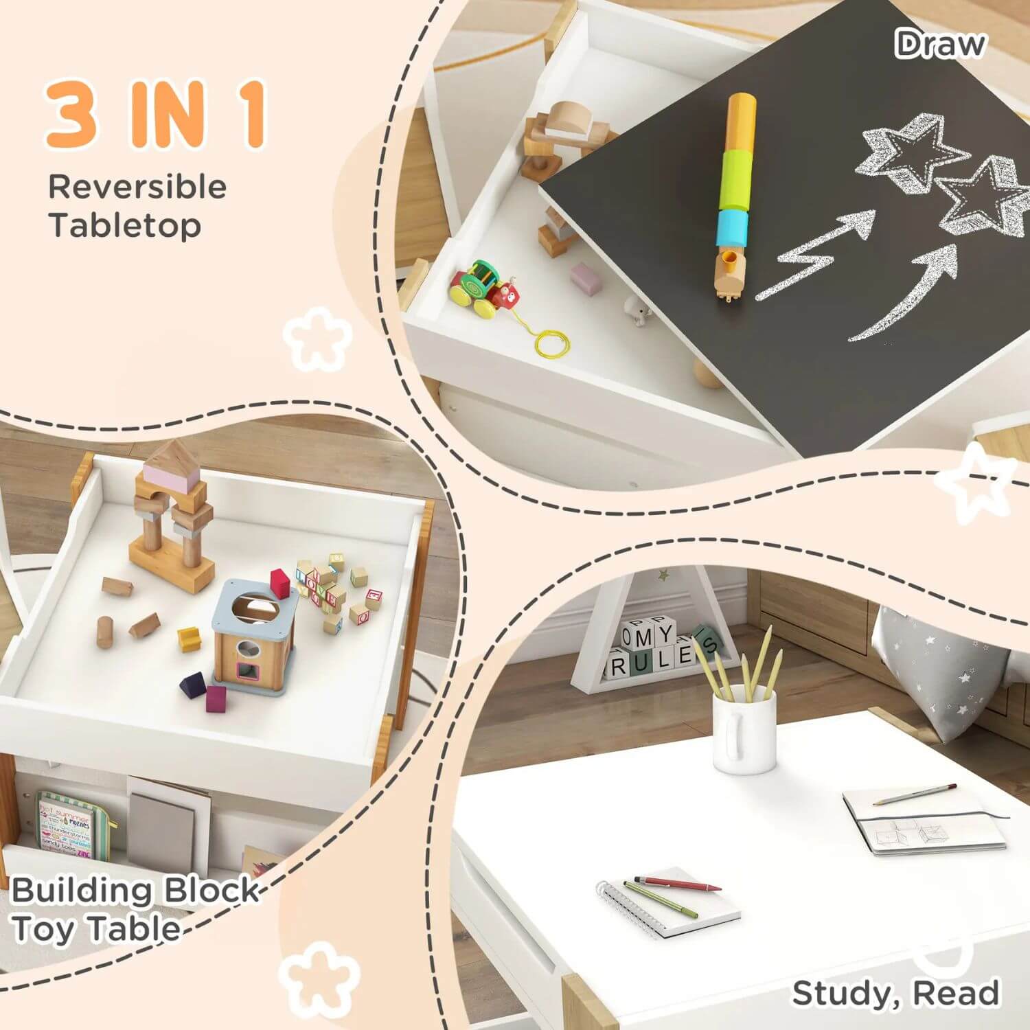 Detail of Qaba 3pc Kids Table and Chair Set Natural Wood