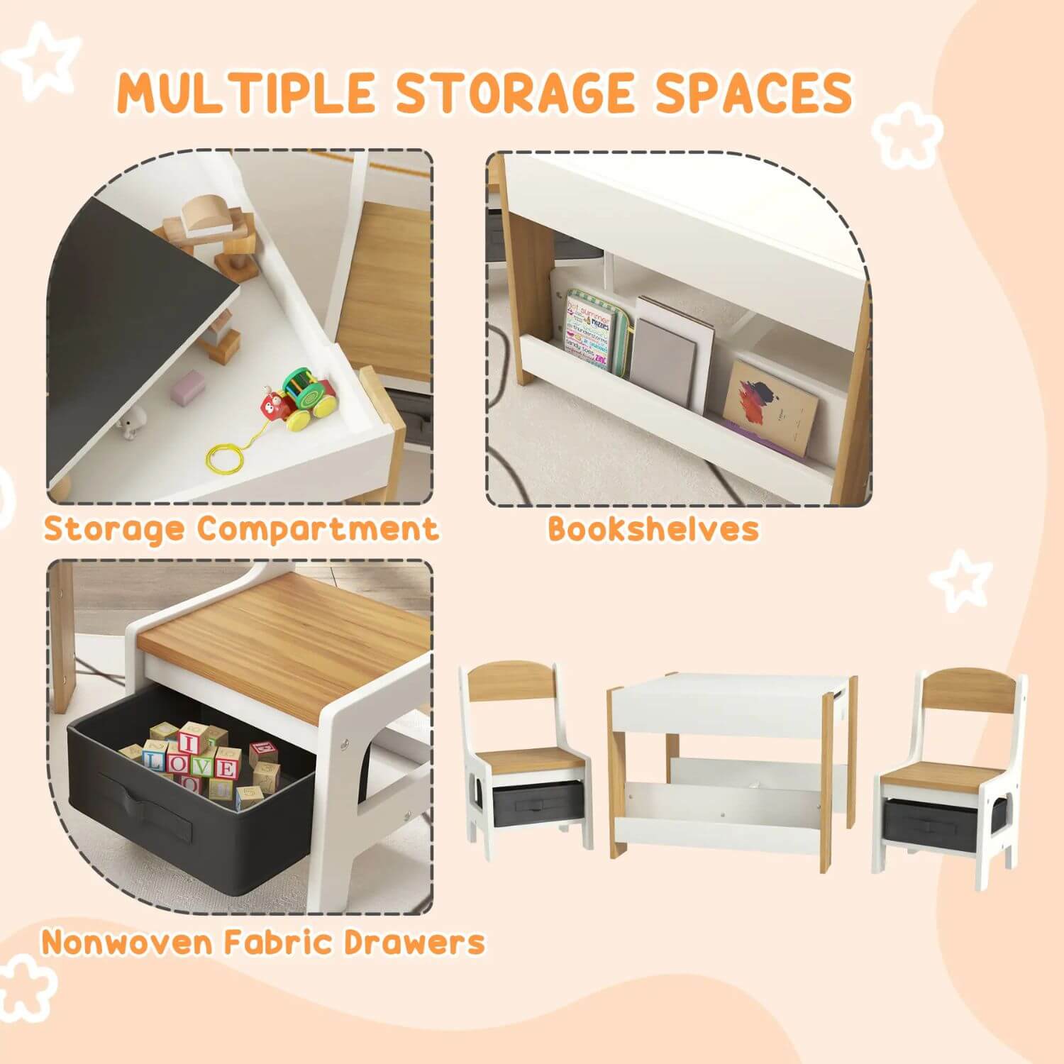 Detail of Qaba 3pc Kids Table and Chair Set Natural Wood