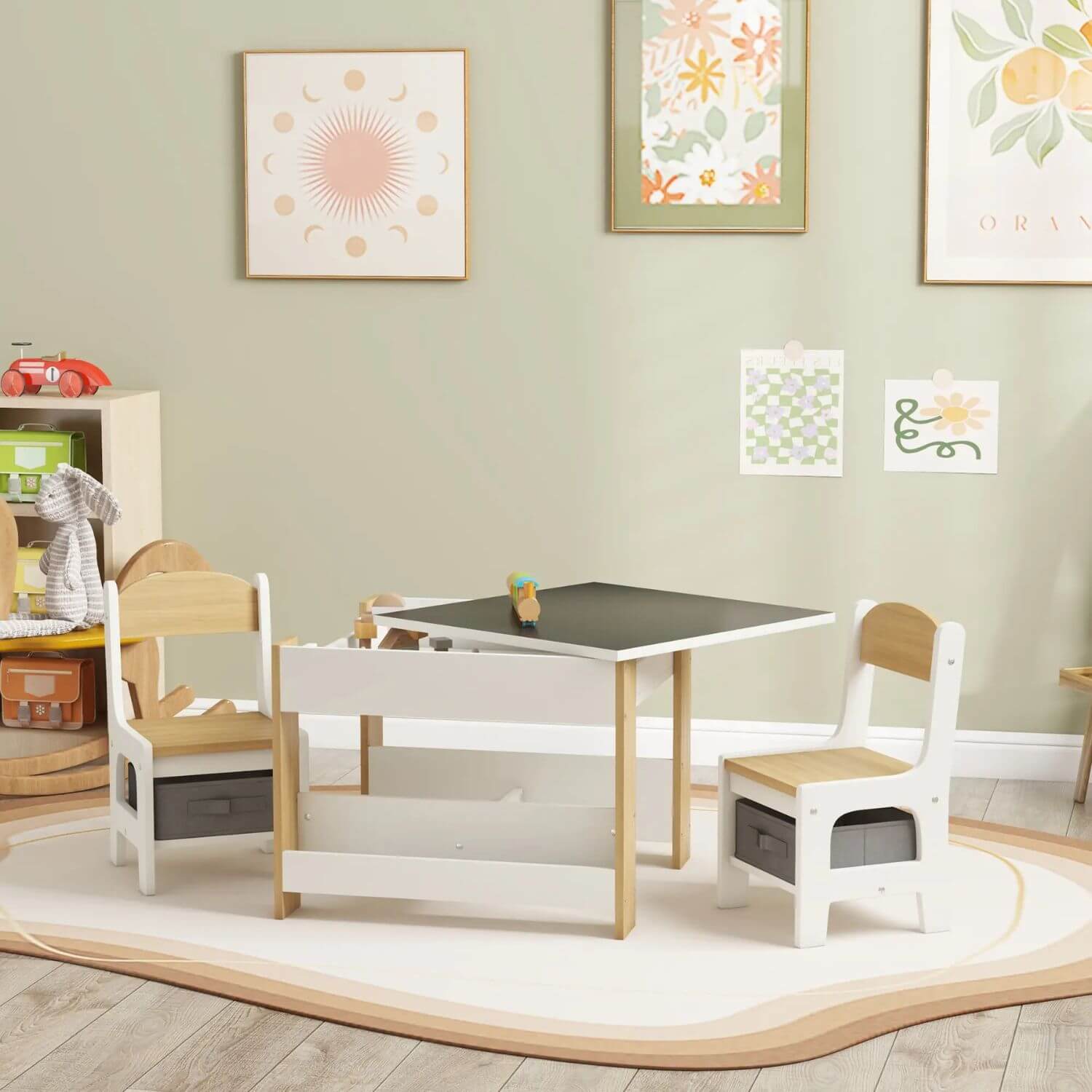 Qaba 3pc Kids Table and Chair Set Natural Wood