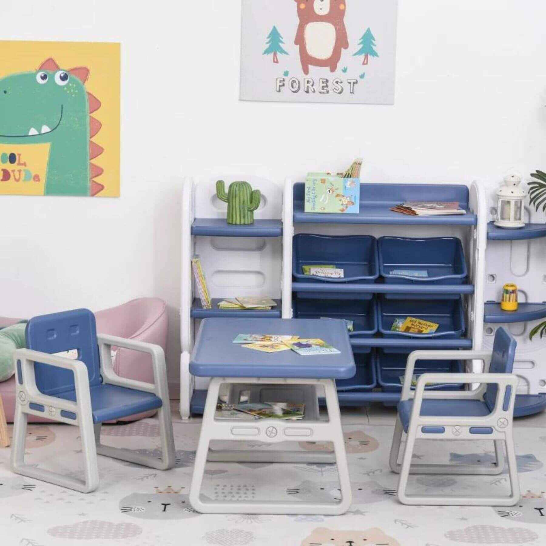 Qaba 3-Piece Kids Table and Chair Set Writing Desk with Armrest Blue