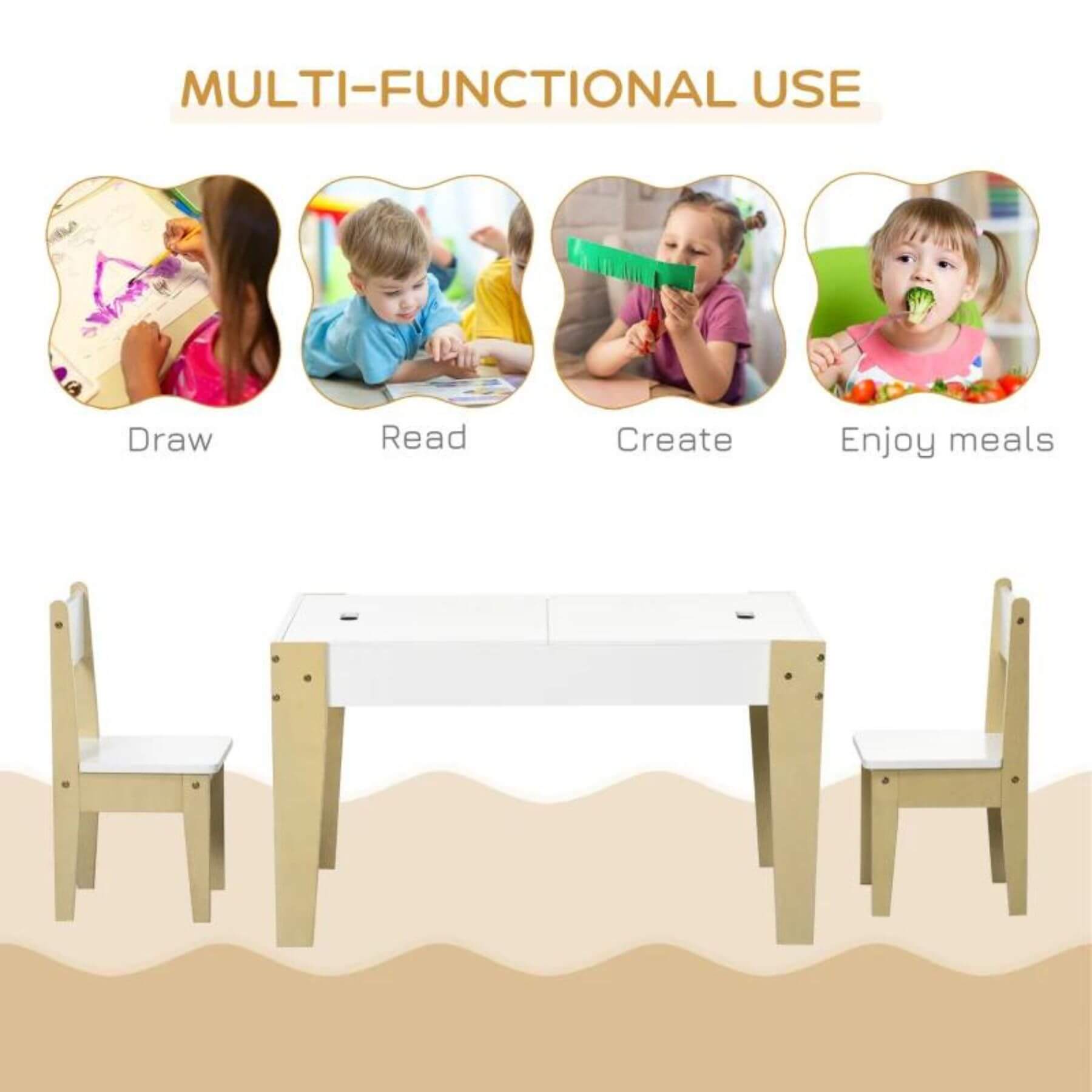 Qaba 3-Pcs Kids Table and Chair Set with Storage Under Tabletop White