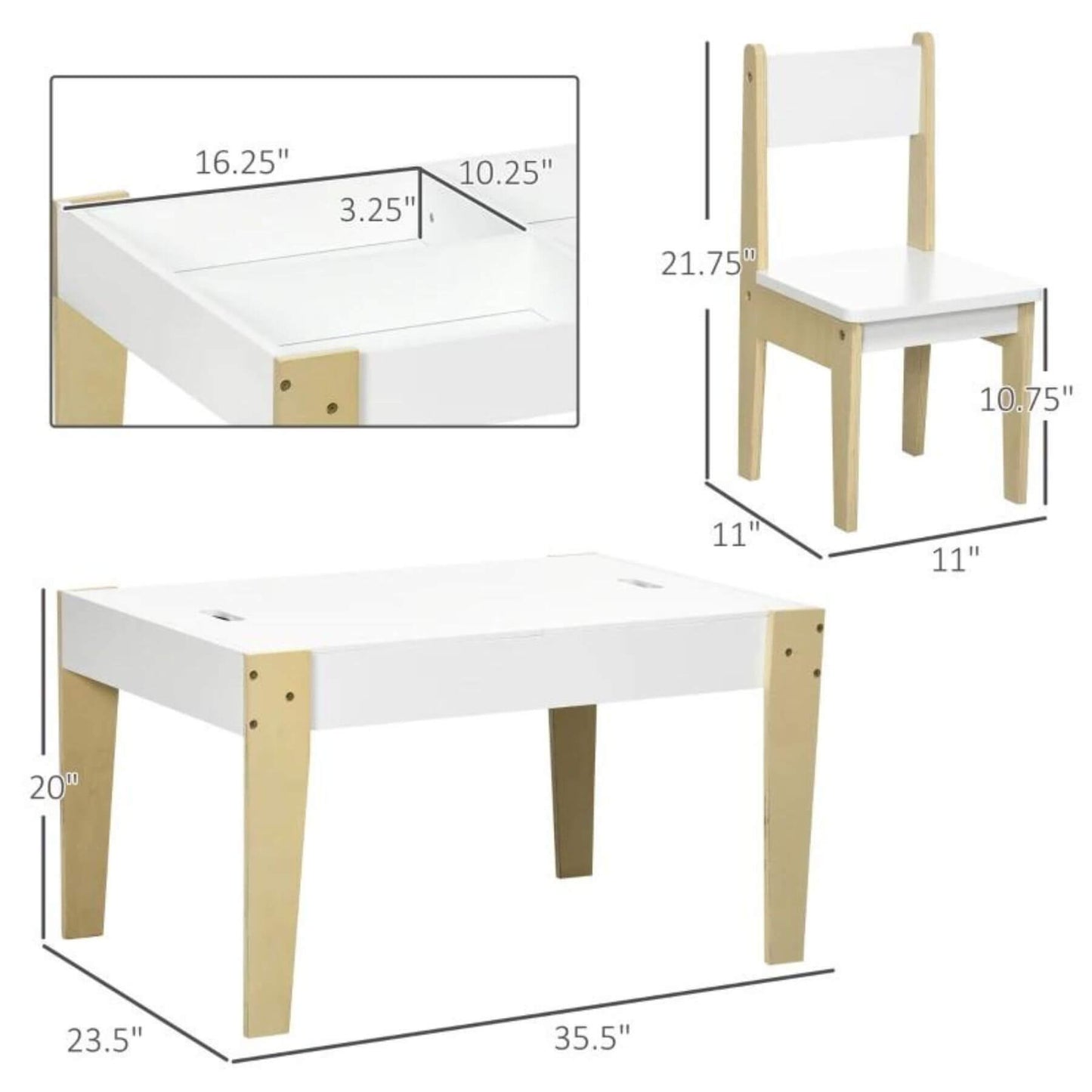 Qaba 3-Pcs Kids Table and Chair Set with Storage Under Tabletop White