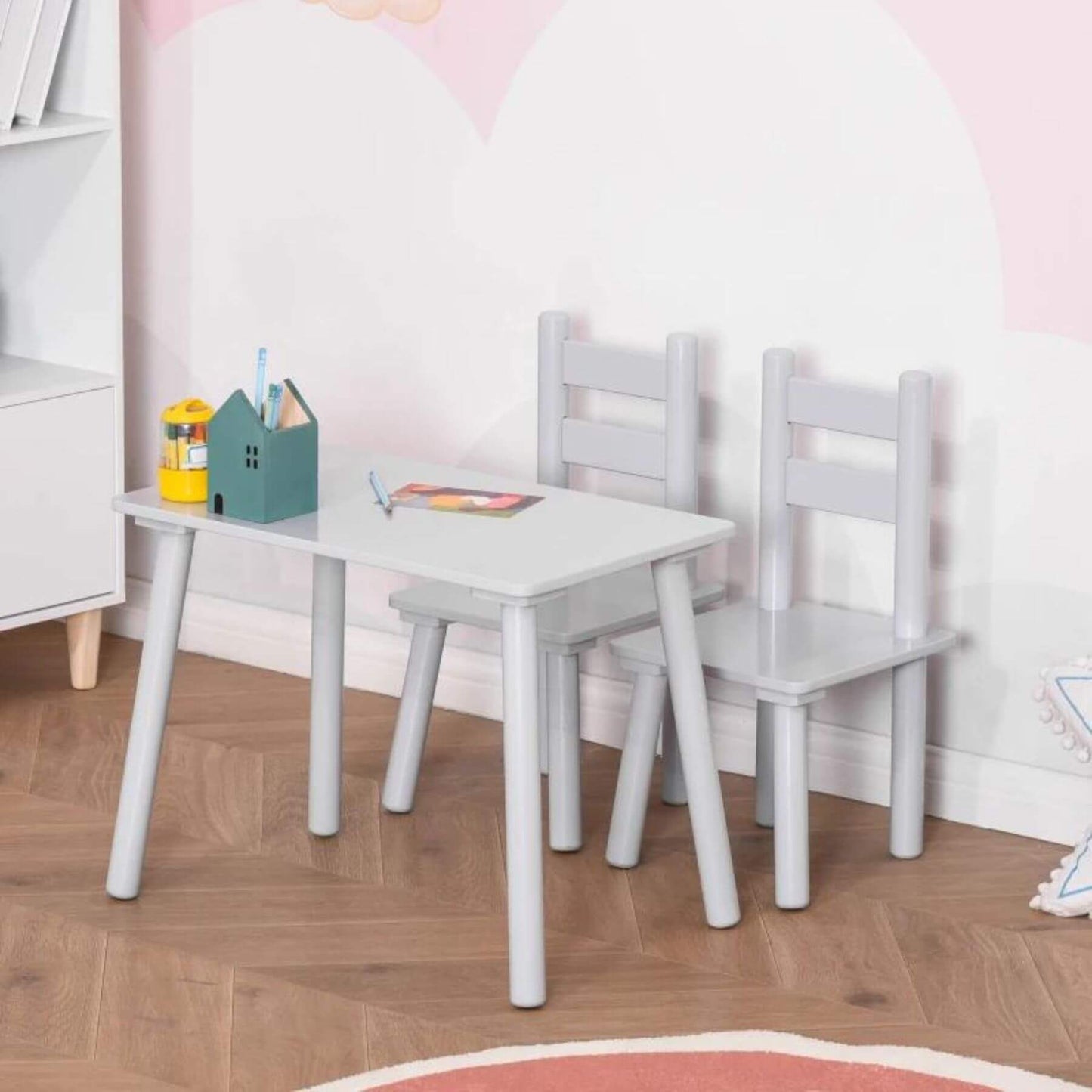 Qaba 3-Piece Set Kids Wooden Table Chairs Grey