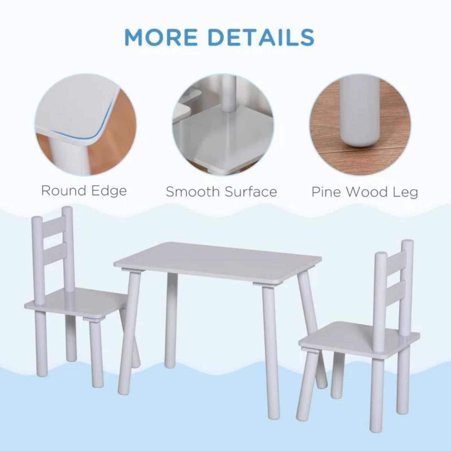 Qaba 3-Piece Set Kids Wooden Table Chairs Grey