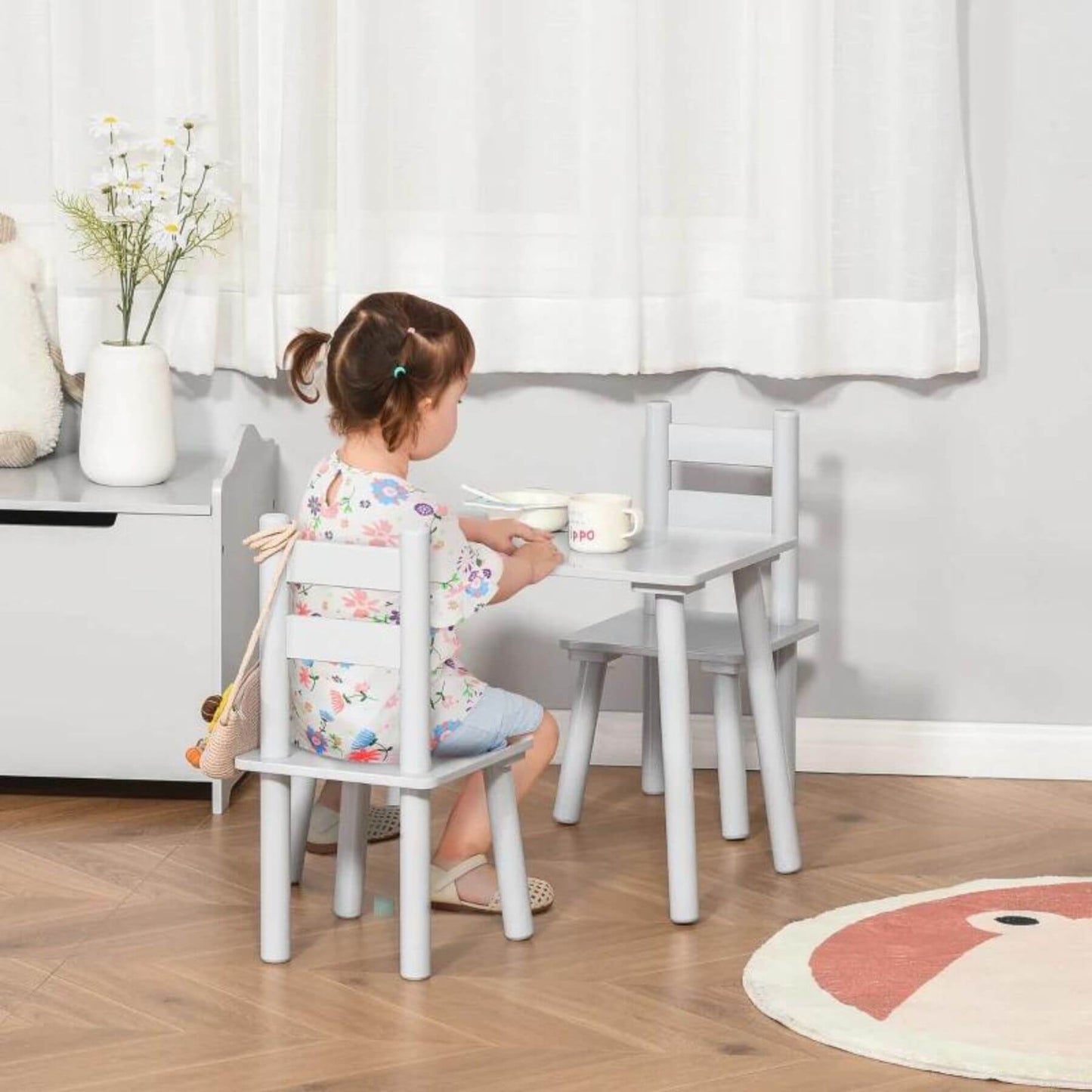 Kid Sitting at Qaba 3-Piece Set Kids Wooden Table Chairs Grey