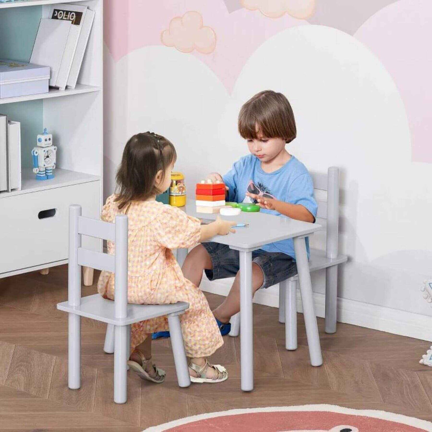 Kids Sitting at Qaba 3-Piece Set Kids Wooden Table Chairs Grey