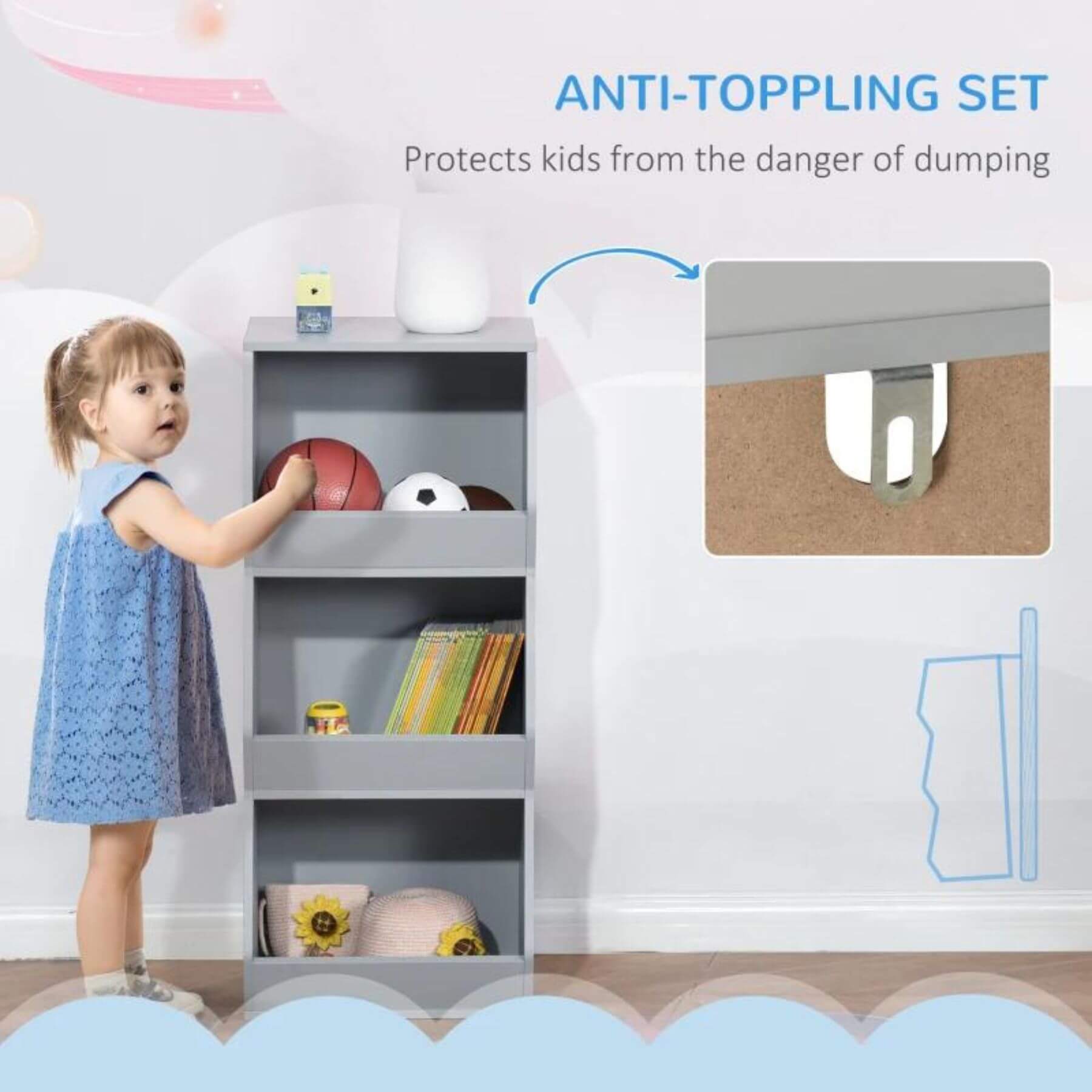 Girl Using HOMCOM 3 Shelf Organizer for Kids Grey