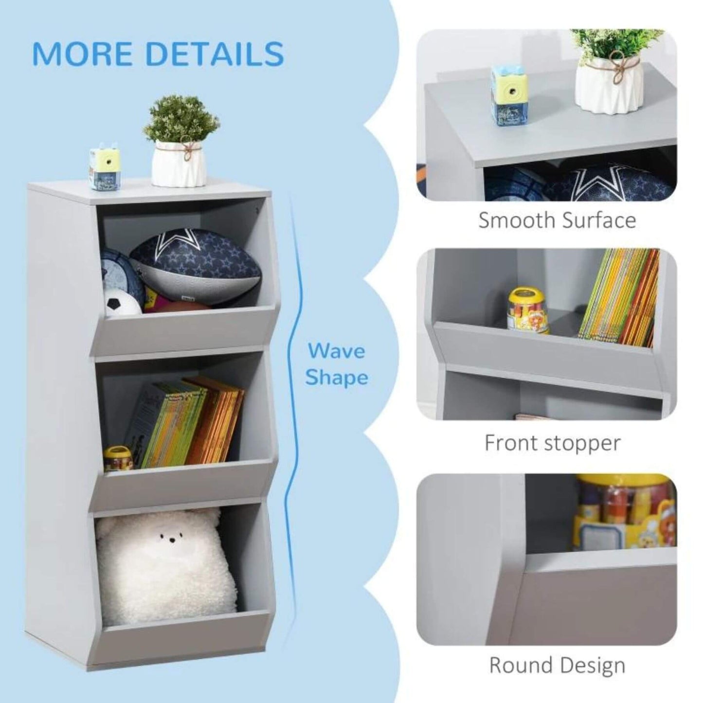 HOMCOM 3 Shelf Organizer for Kids 3 Years Old & Up Grey