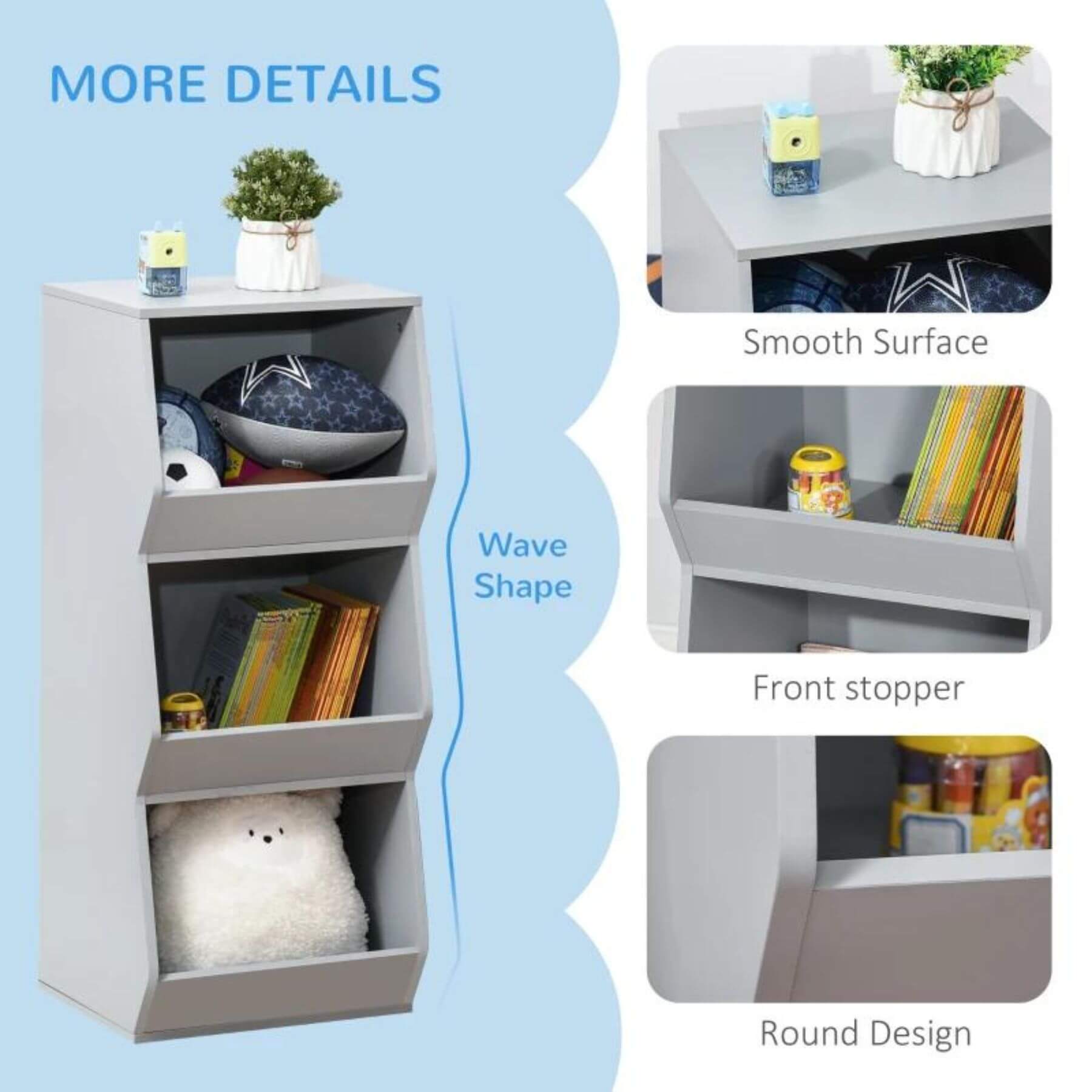 HOMCOM 3 Shelf Organizer for Kids 3 Years Old & Up Grey