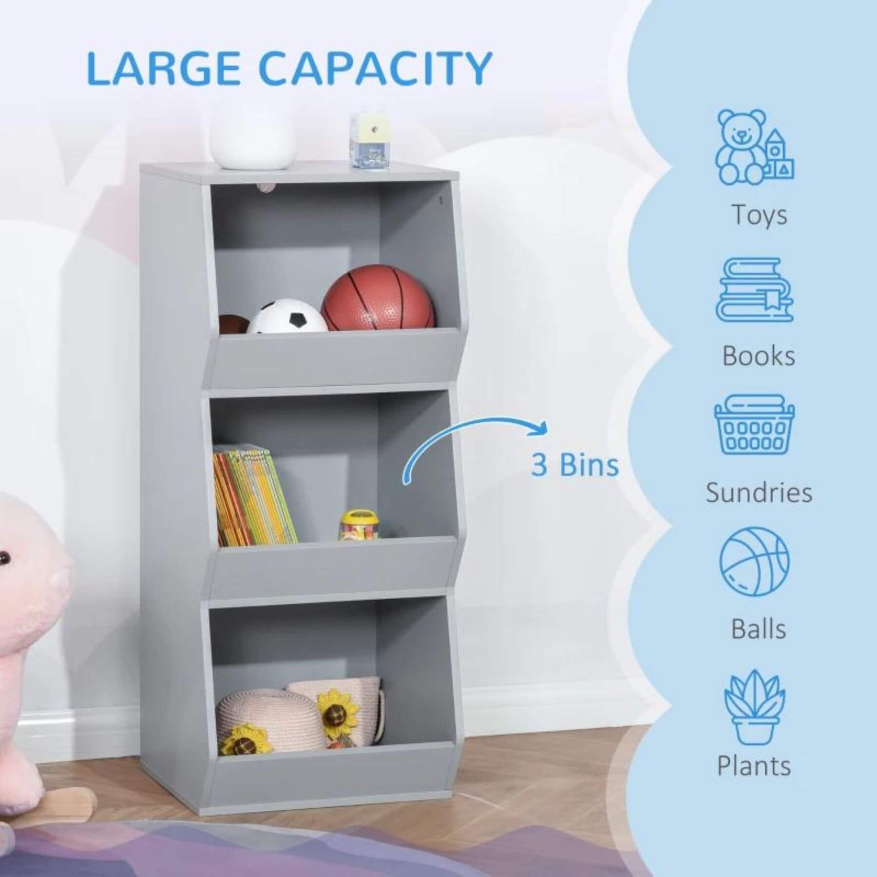 HOMCOM 3 Shelf Organizer for Kids 3 Years Old & Up Grey
