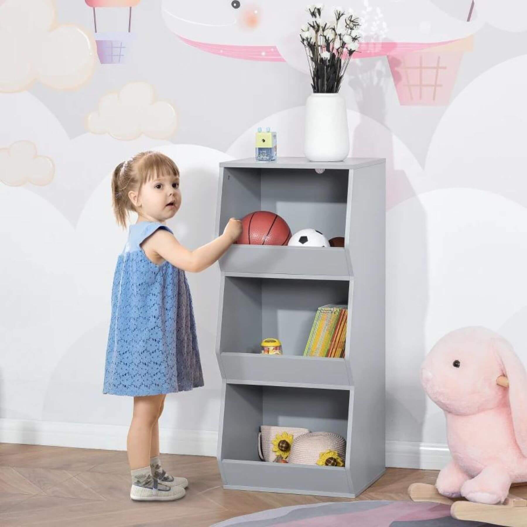 Girl Using HOMCOM 3 Shelf Organizer for Kids 3 Years Old & Up Grey