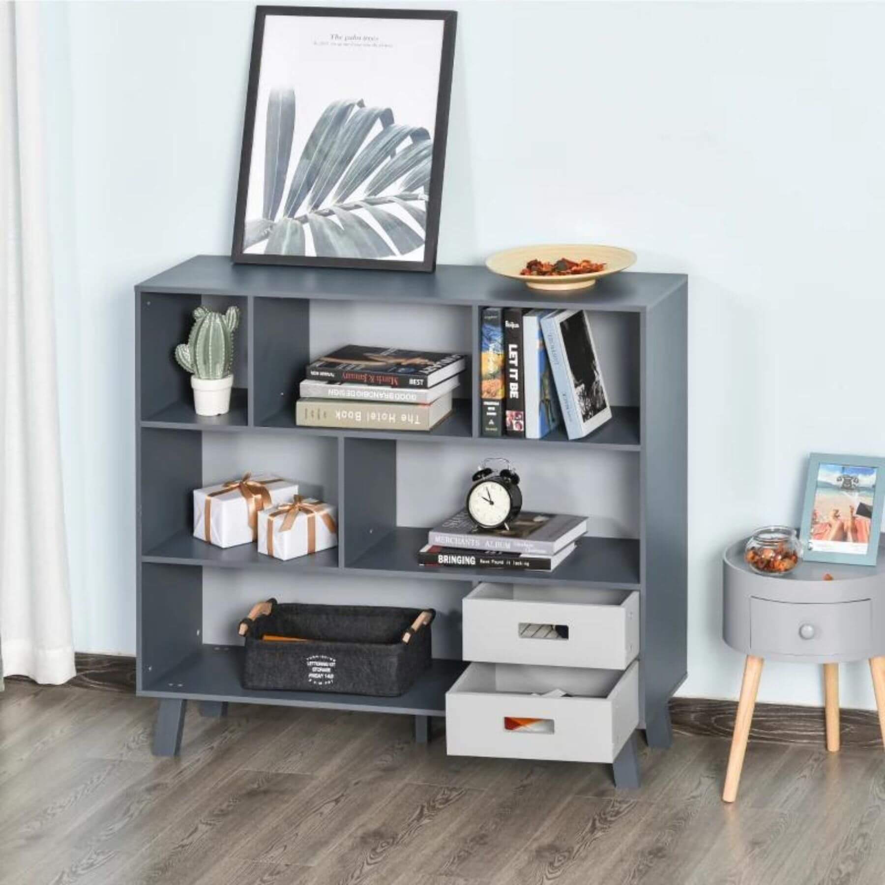 HOMCOM 3-Tier Child Bookcase, Cabinet Floor Standing Cube Storage Organizer with Drawers, Grey