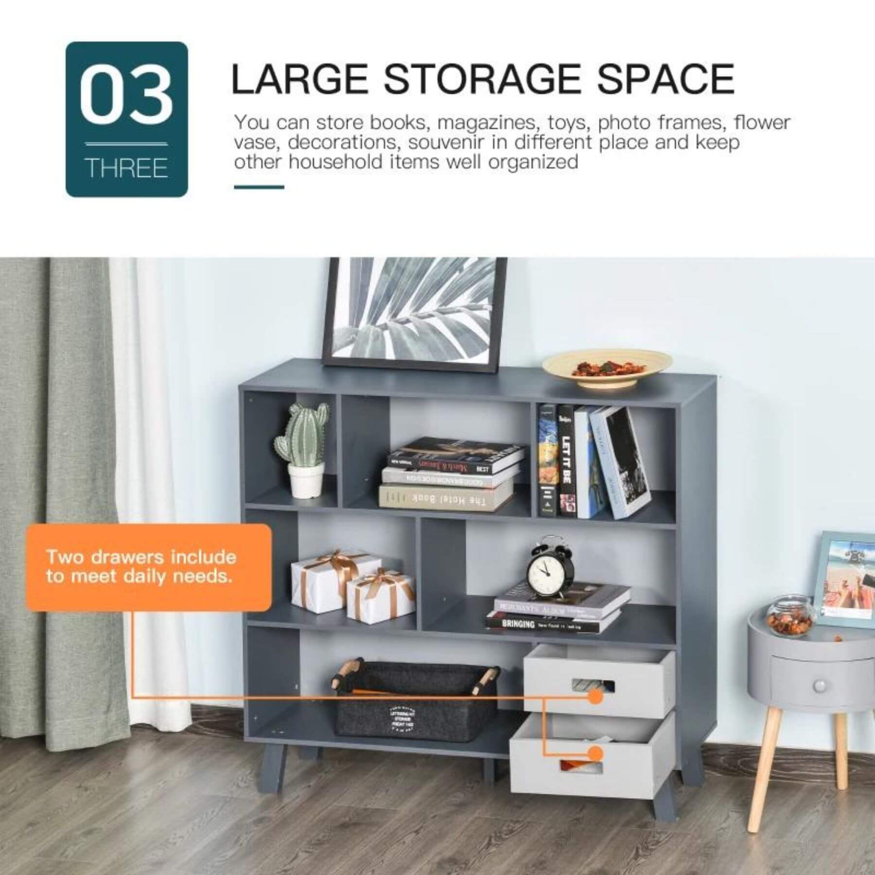 HOMCOM 3-Tier Child Bookcase, Cabinet Floor Standing Cube Storage Organizer with Drawers, Grey