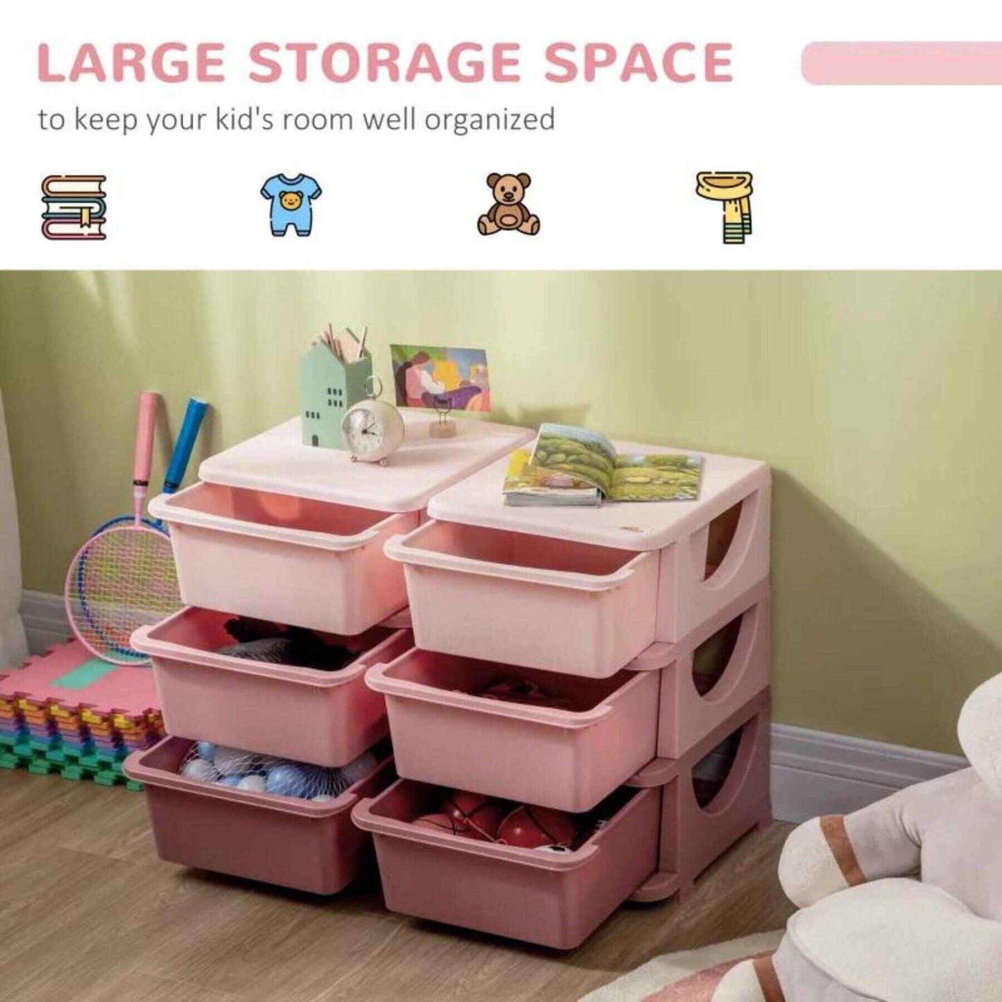 Qaba 3 Tier Kids Storage Unit, 6 Drawer Chest, Plastic Bins for Kids Bedroom, Pink