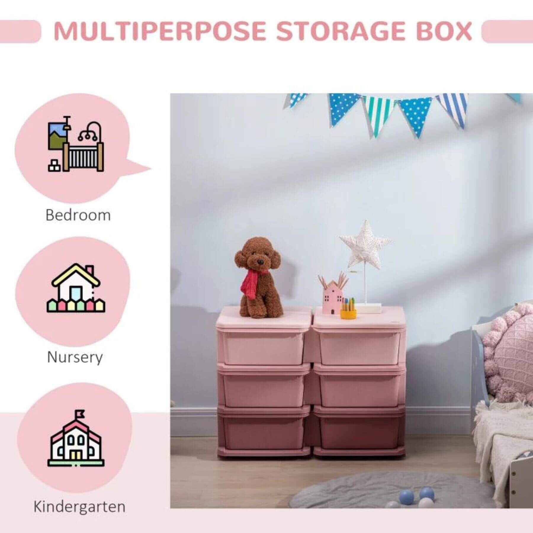 Qaba 3 Tier Kids Storage Unit, 6 Drawer Chest, Plastic Bins for Kids Bedroom, Pink