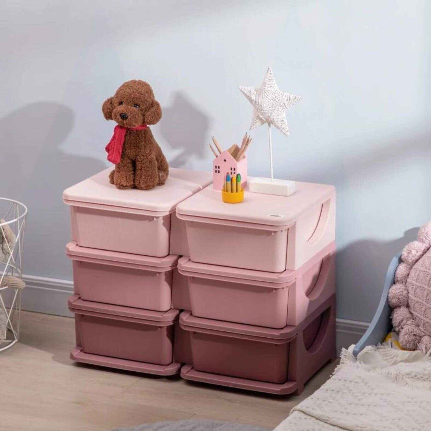 Qaba 3 Tier Kids Storage Unit, 6 Drawer Chest, Plastic Bins for Kids Bedroom, Pink