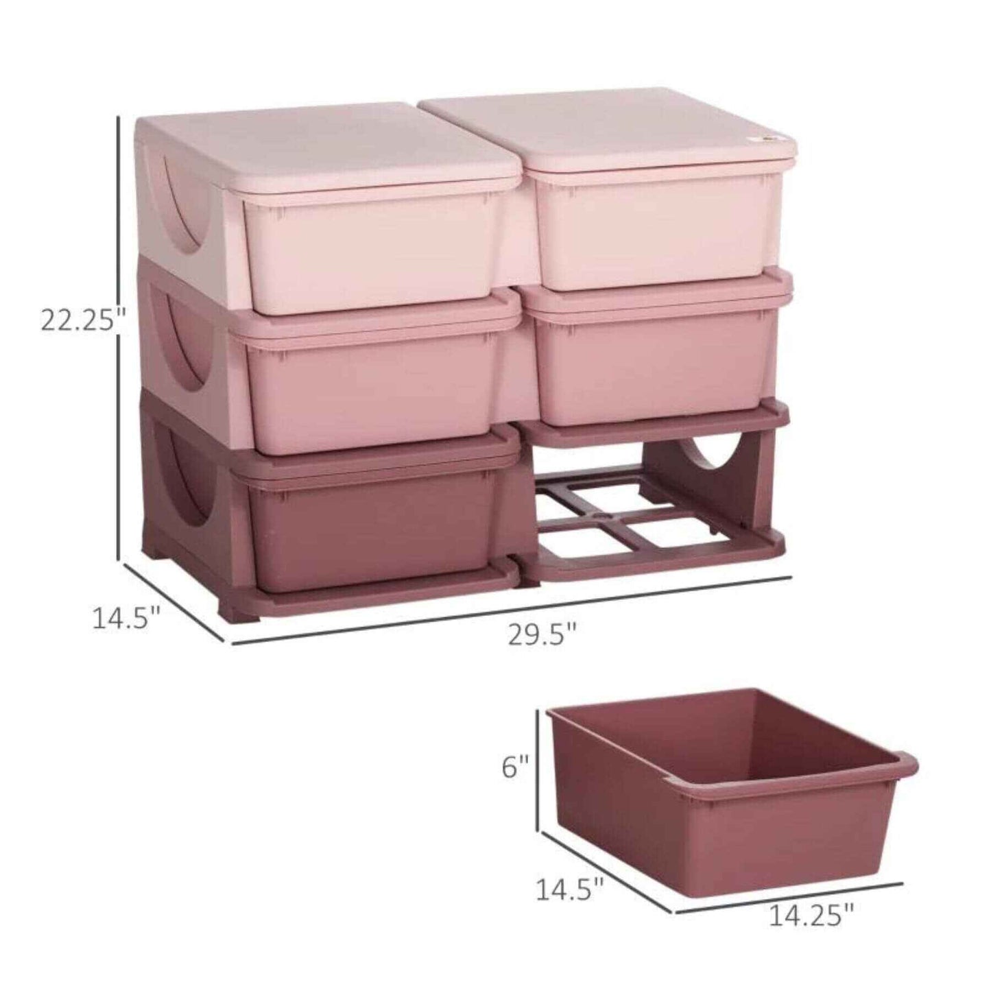 Qaba 3 Tier Kids Storage Unit, 6 Drawer Chest, Plastic Bins for Kids Bedroom, Pink