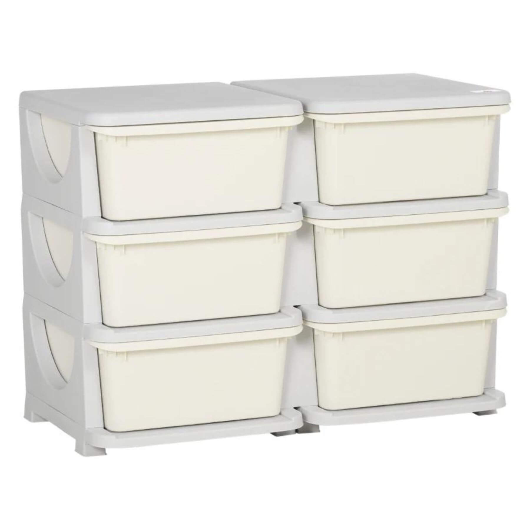 Qaba 3 Tier Kids Storage Unit, 6 Drawer Chest, Plastic Bins for Kids Bedroom Cream White