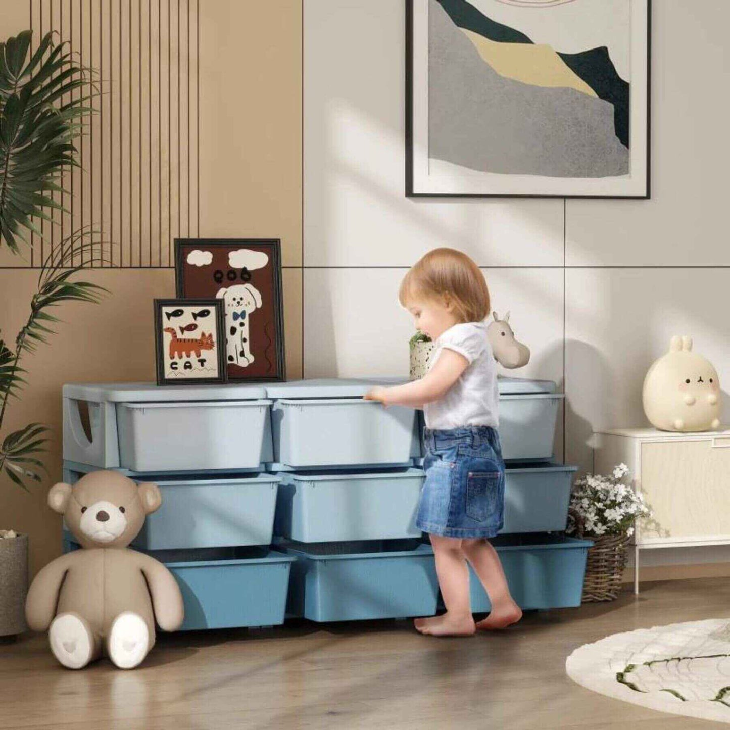 Girl Getting Stuff from a Drawer of Qaba 29.5" 3 Tier Kids Storage Unit Dresser Tower w/ 9 Drawers Blue