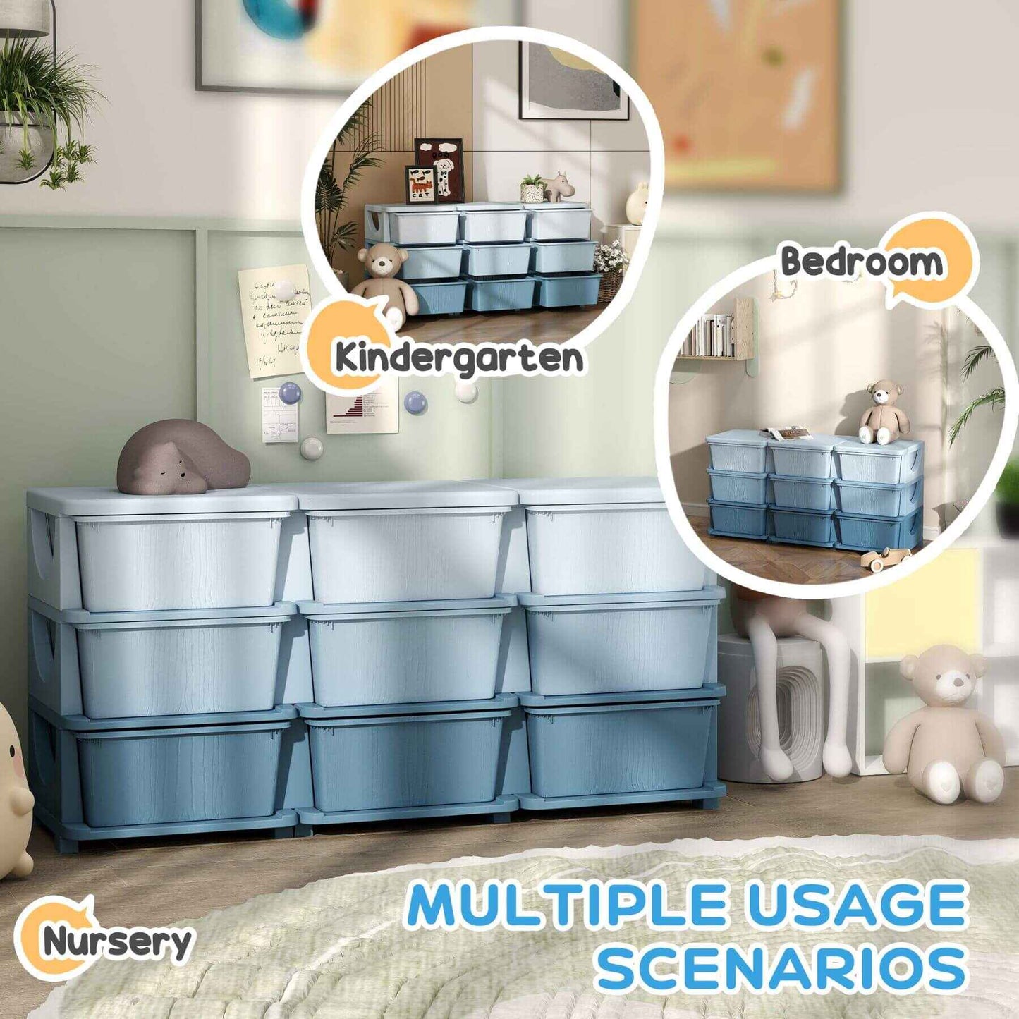 Qaba 29.5" 3 Tier Kids Storage Unit Dresser Tower w/ 9 Drawers - Blue in a bedroom and nursery setting with 'Multiple Usage Scenarios' text.