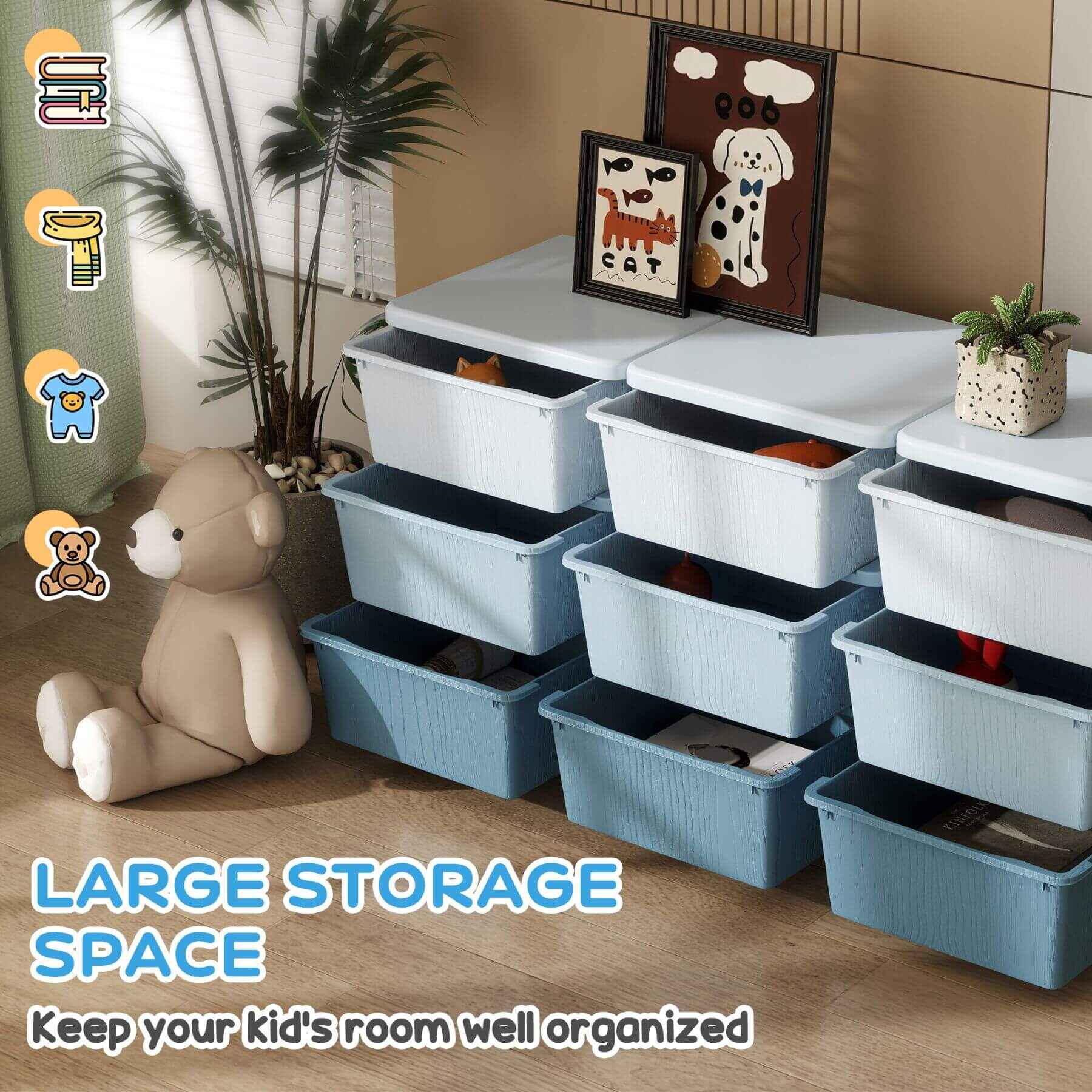 Qaba 29.5" 3 Tier Kids Storage Unit Dresser Tower w/ 9 Drawers - Blue with a teddy bear and decorative items in a room setting.