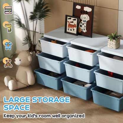 Qaba 29.5" 3 Tier Kids Storage Unit Dresser Tower w/ 9 Drawers - Blue with a teddy bear and decorative items in a room setting.