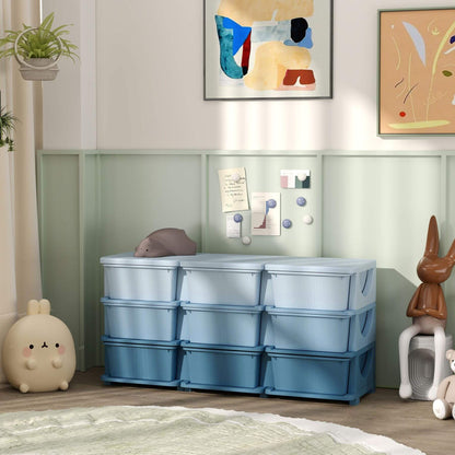 Qaba 29.5" 3 Tier Kids Storage Unit Dresser Tower w/ 9 Drawers - Blue in a room with abstract art and decor