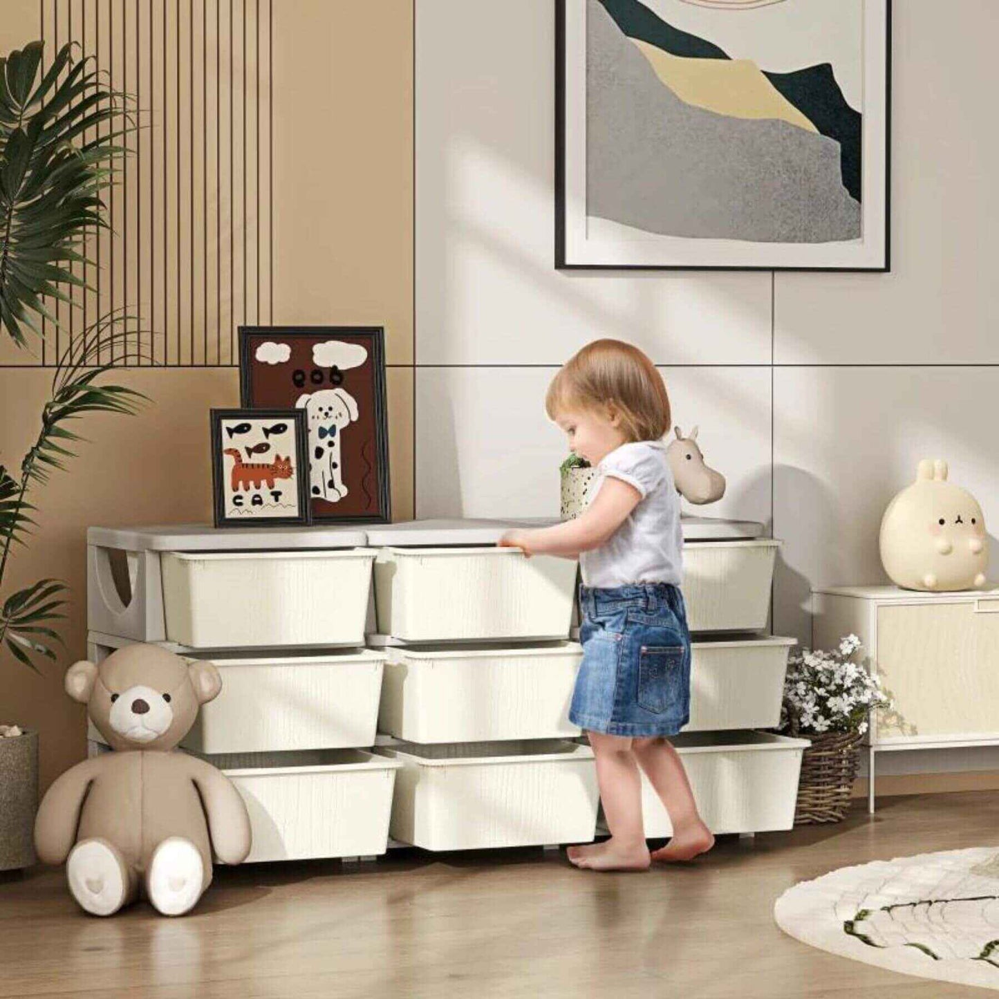 Girl Pulling Drawer from Qaba 29.5" 3 Tier Kids Storage Unit Dresser Tower w/ 9 Drawers Cream White