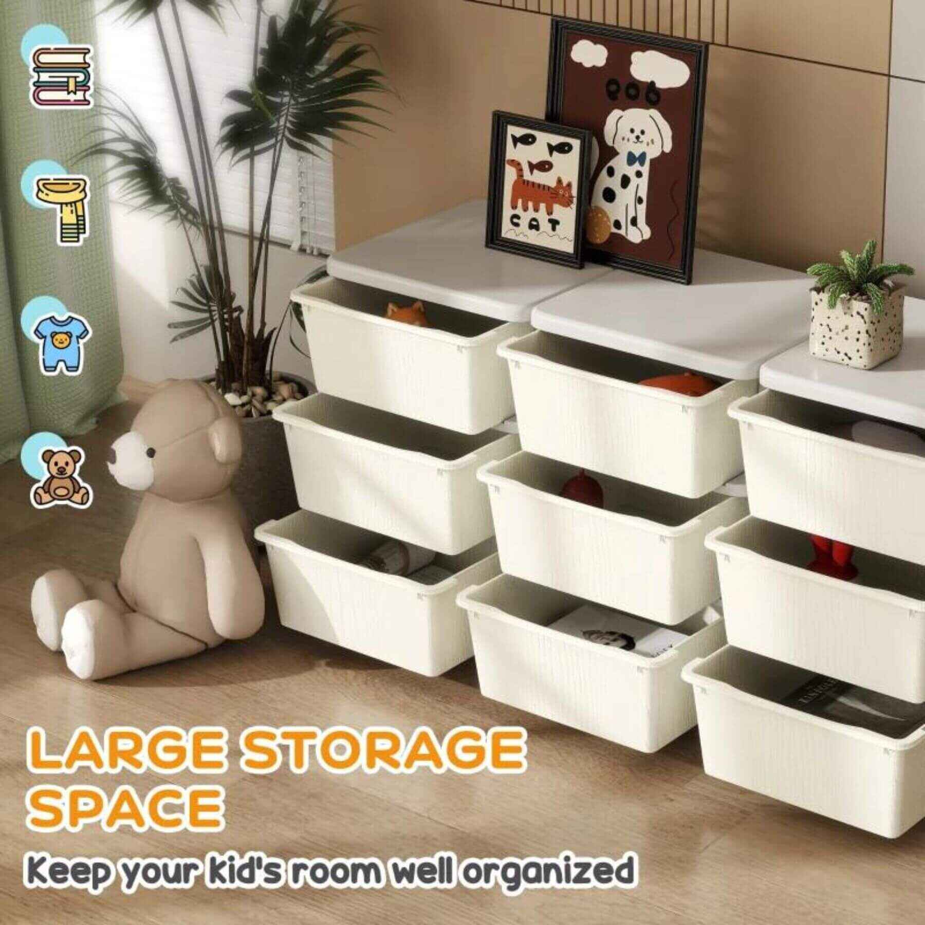 Qaba 29.5" 3 Tier Kids Storage Unit Dresser Tower w/ 9 Drawers Cream White